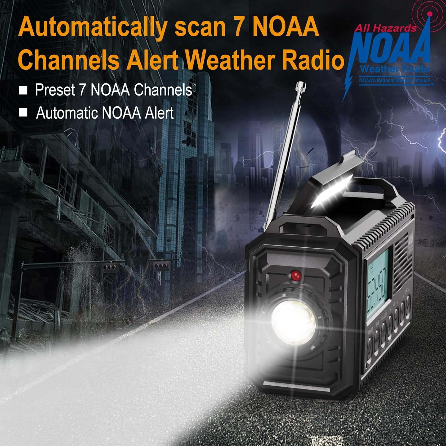 NOAA weather radio with flashlight feature on a dark background