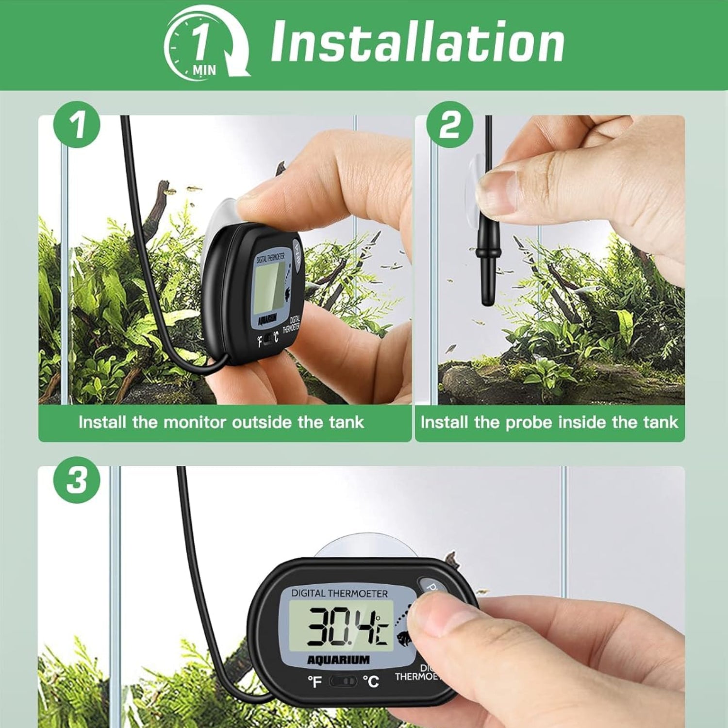 Zacro Petbank LCD digital aquarium thermometer showing water temperature in a fish tank with a clear display screen.