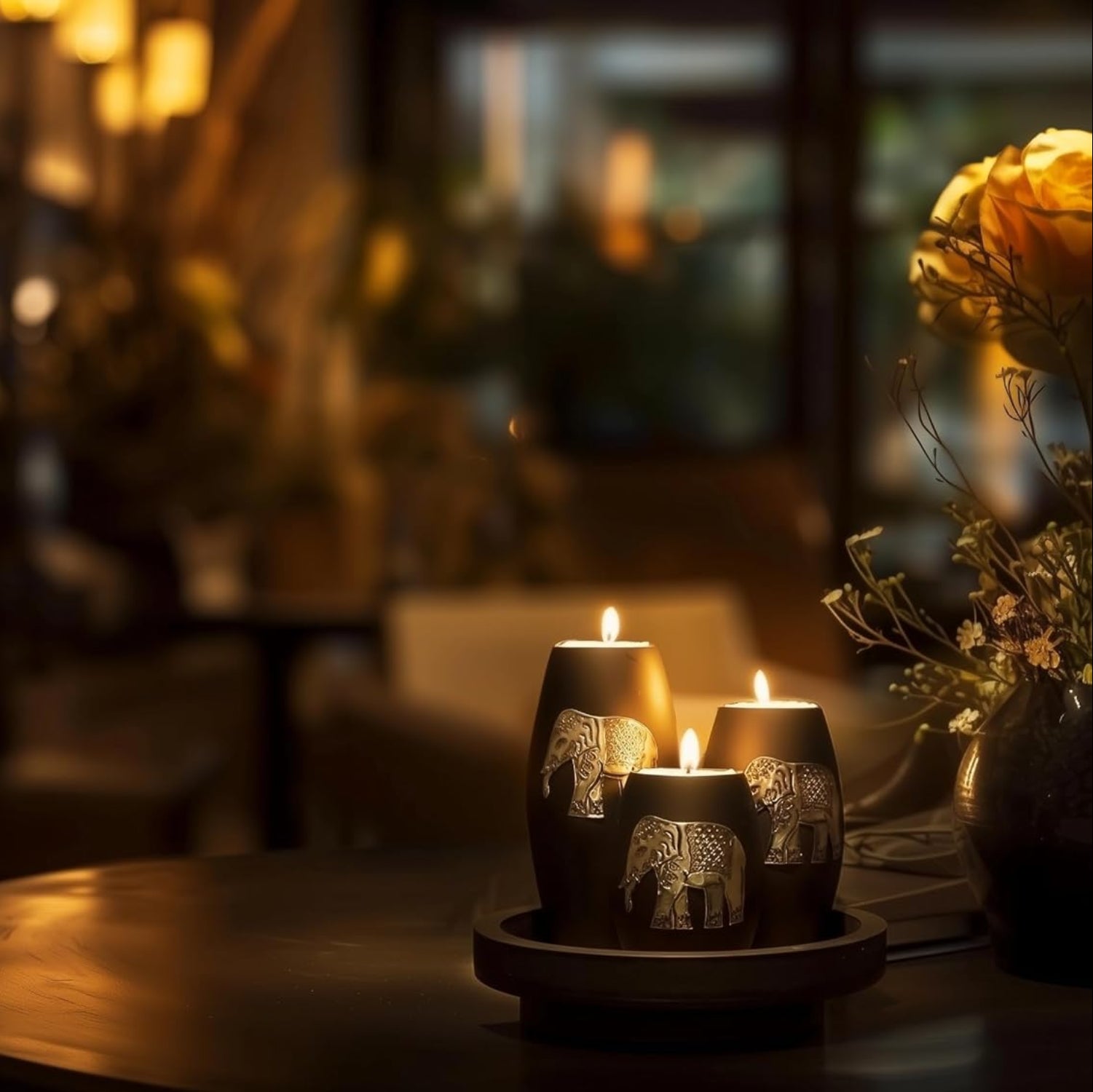 IYARA CRAFT elephant candle holder set with three handmade wooden tealight holders featuring elephant designs.
