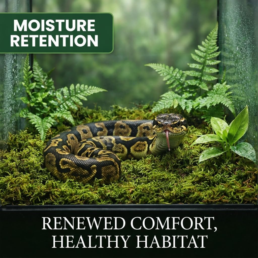 Sukh Sphagnum Moss for Reptiles, terrarium peat moss, showing fresh green and brown moss in a clear container for reptile habitat.