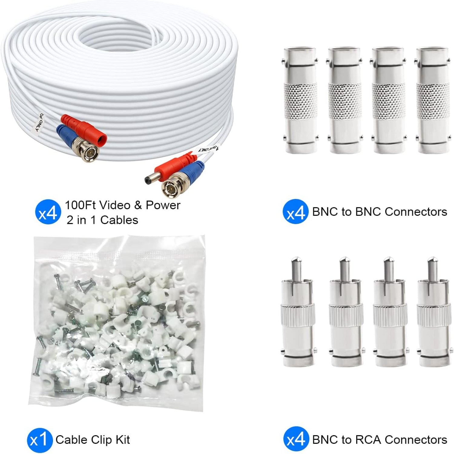 A 100ft pack of four BNC video power cables for CCTV security cameras, branded Aimyzii, showing connectors and cable length.