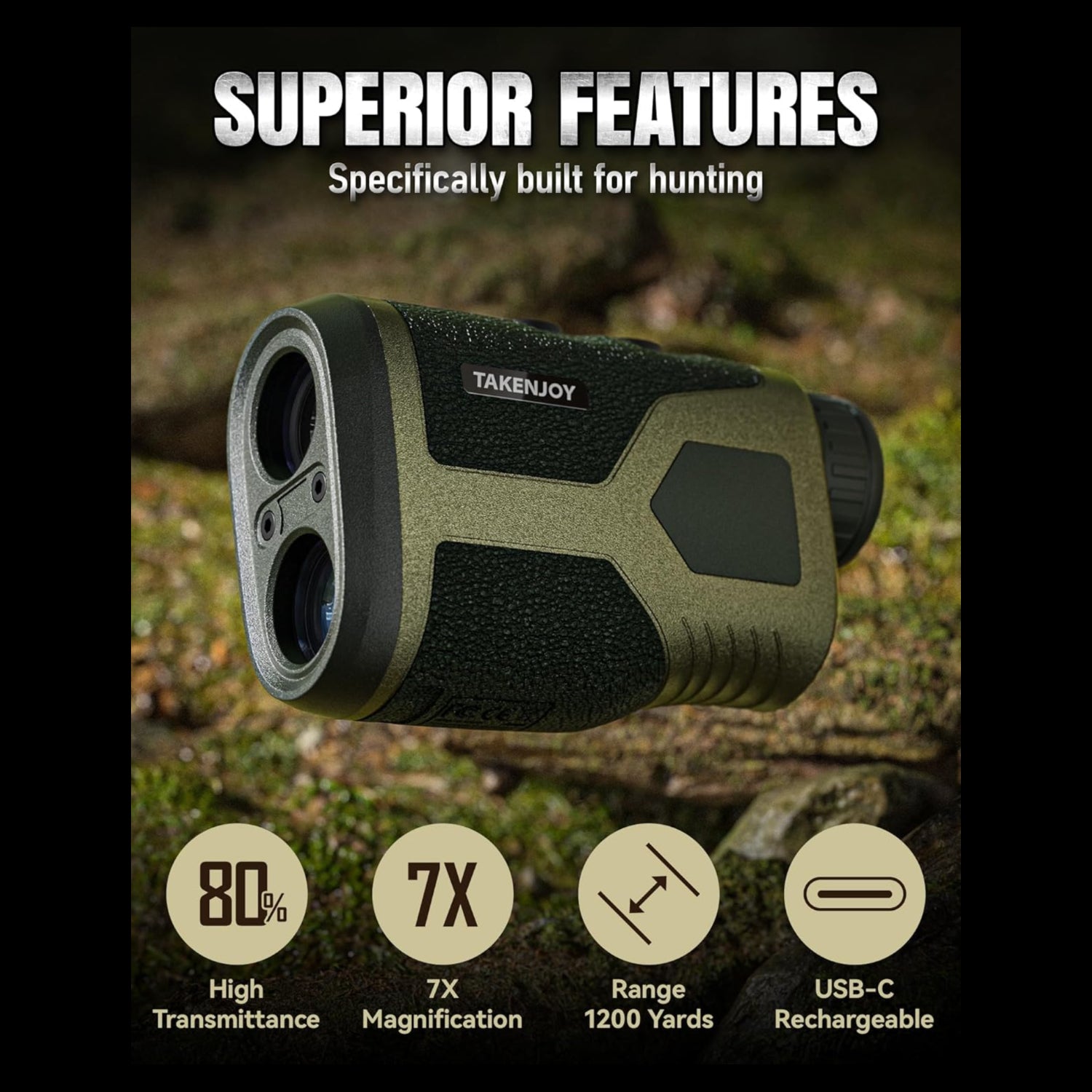 TAKENJOY hunting rangefinder with 7x magnification, waterproof design, and 1200-yard laser distance measurement for hunting.