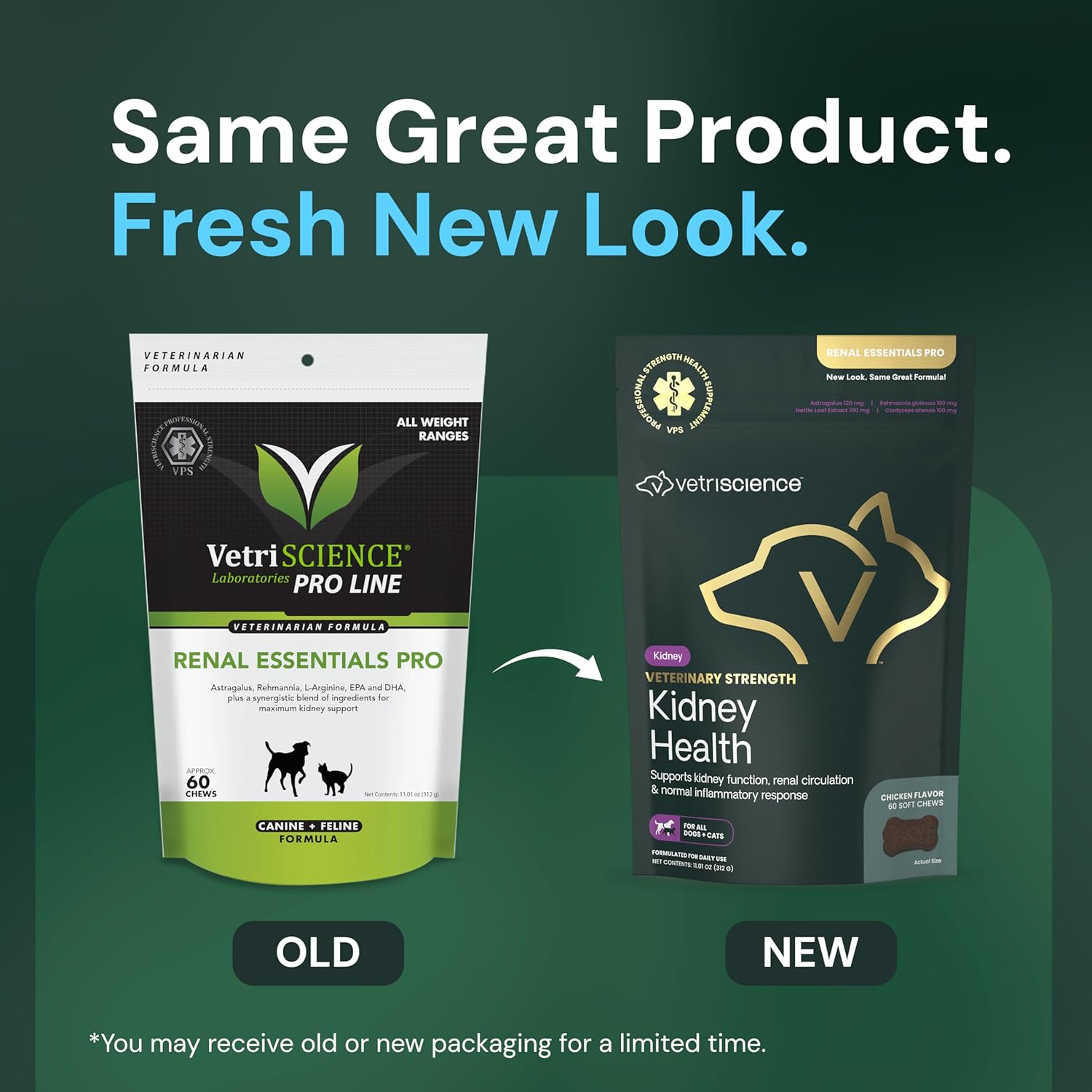 Vetriscience Veterinary Strength Kidney Health Chews for pets, featuring balanced formula and natural ingredients in a chewable supplement.