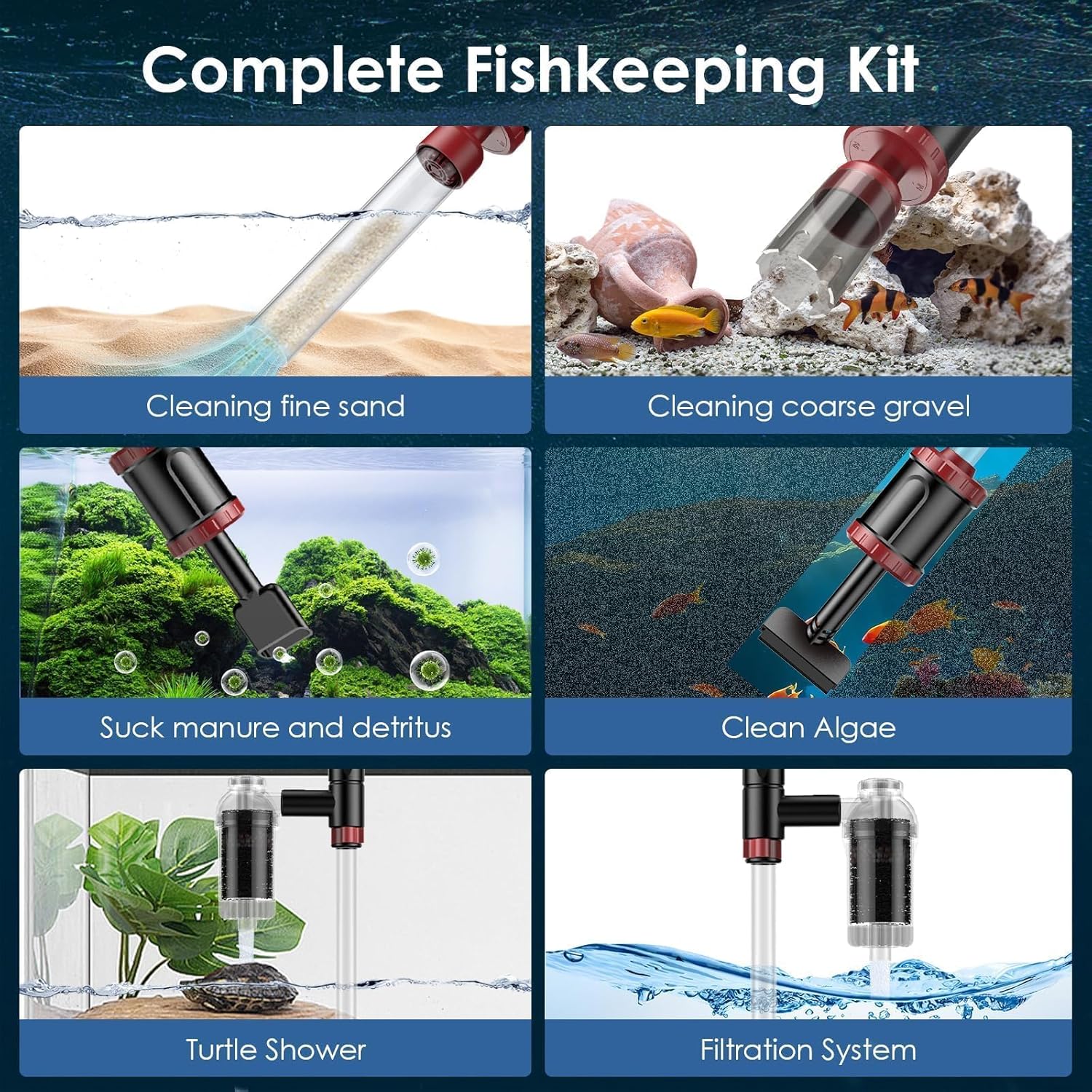 AKKEE aquarium vacuum gravel cleaner with 36W electric pump, used for cleaning fish tank gravel and maintaining aquarium hygiene.