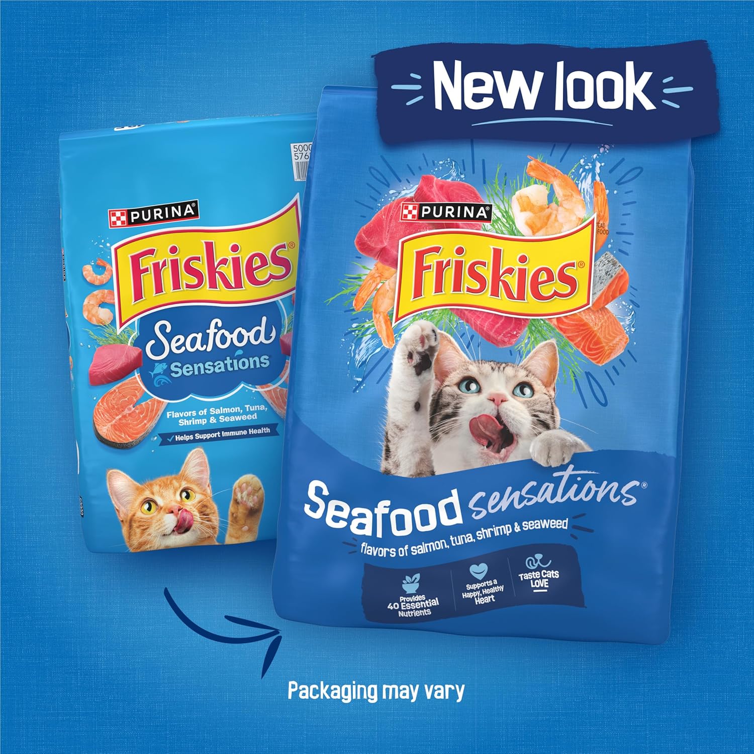 Purina Friskies Seafood Sensations dry cat food with salmon and tuna, showing the bag's front packaging and product branding.
