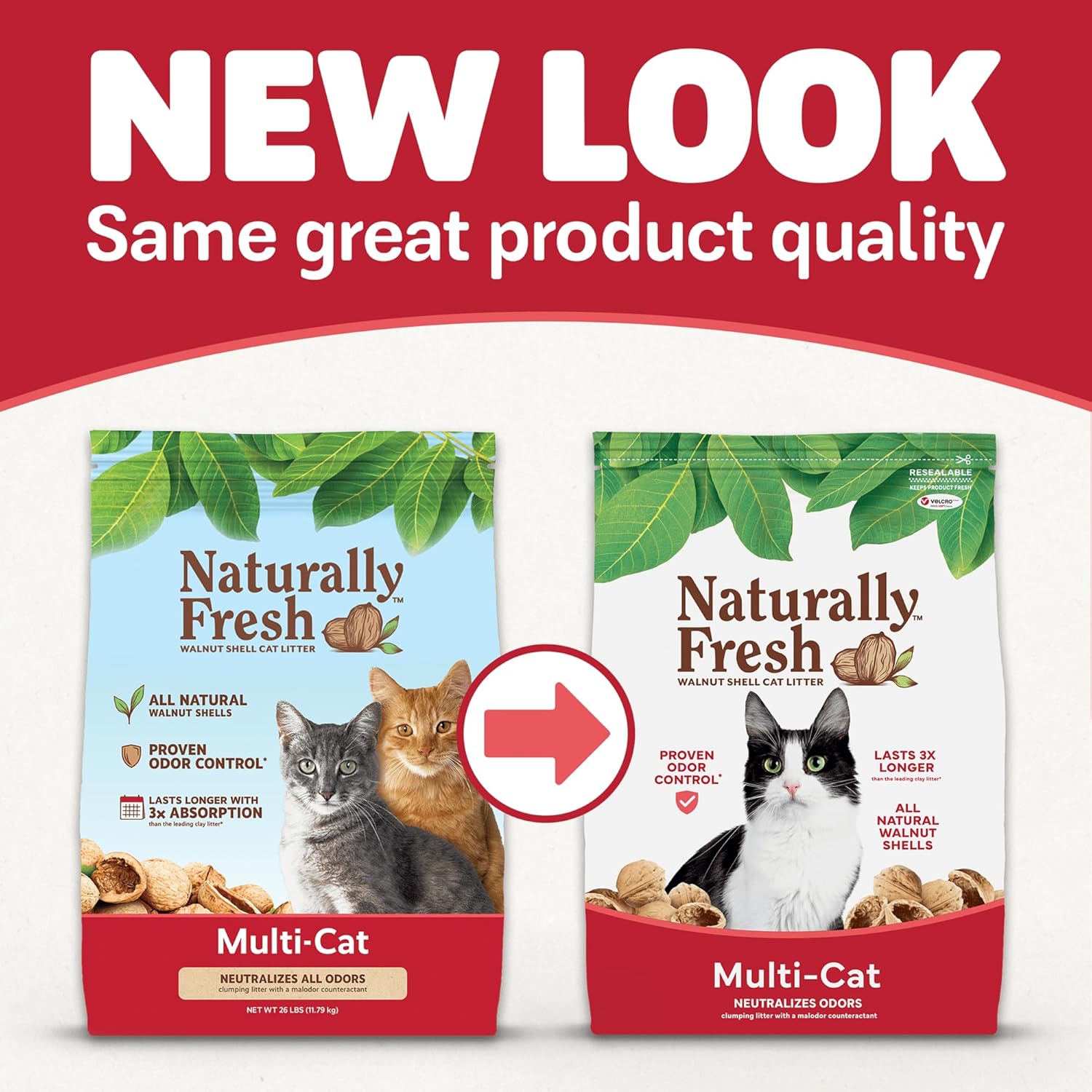 Naturally Fresh multi-cat walnut shell cat litter, unscented, in a bag with scoop for odor control and easy cleaning