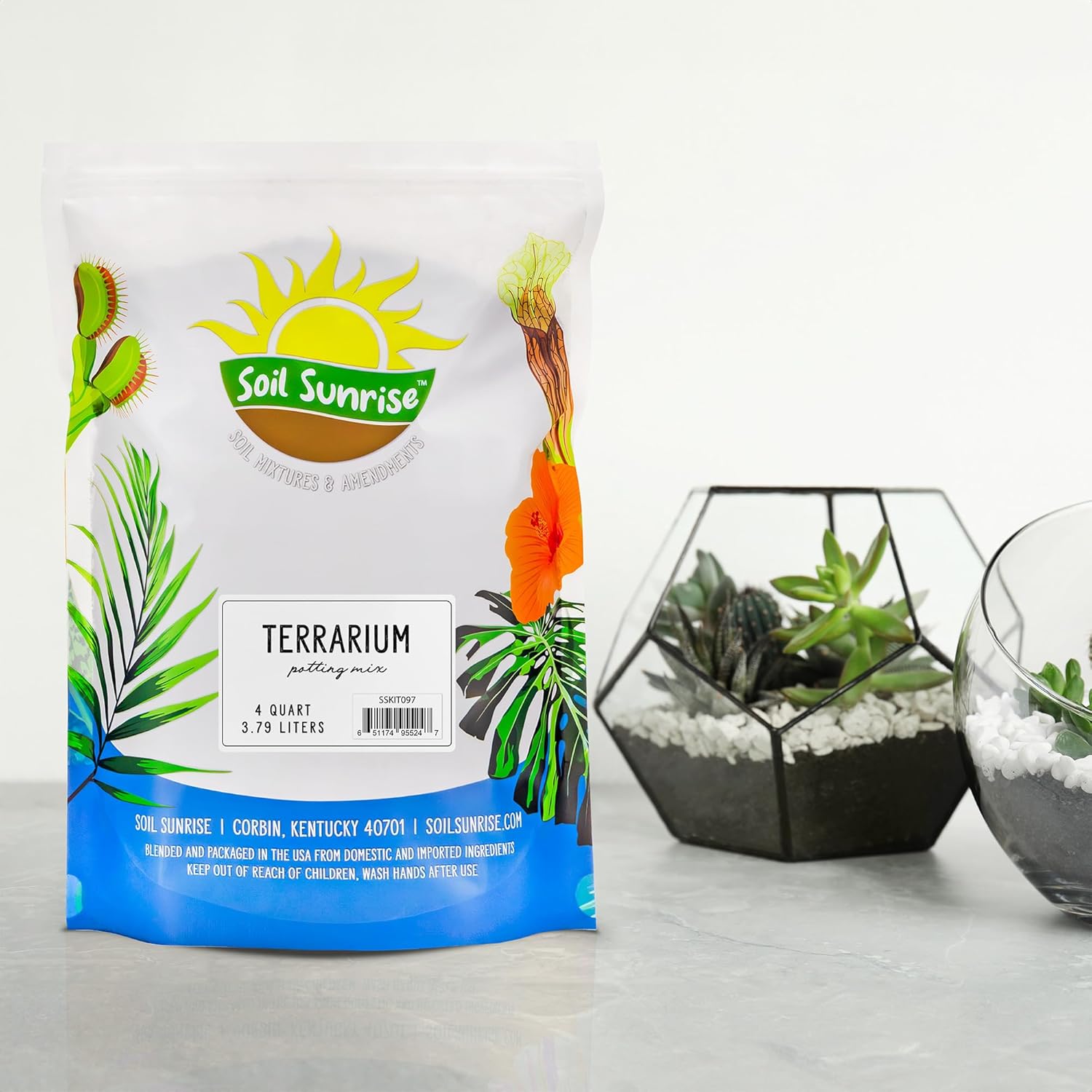 Soil Sunrise terrarium potting soil mix in a 4-quart bag with blended filtering for healthy plant growth