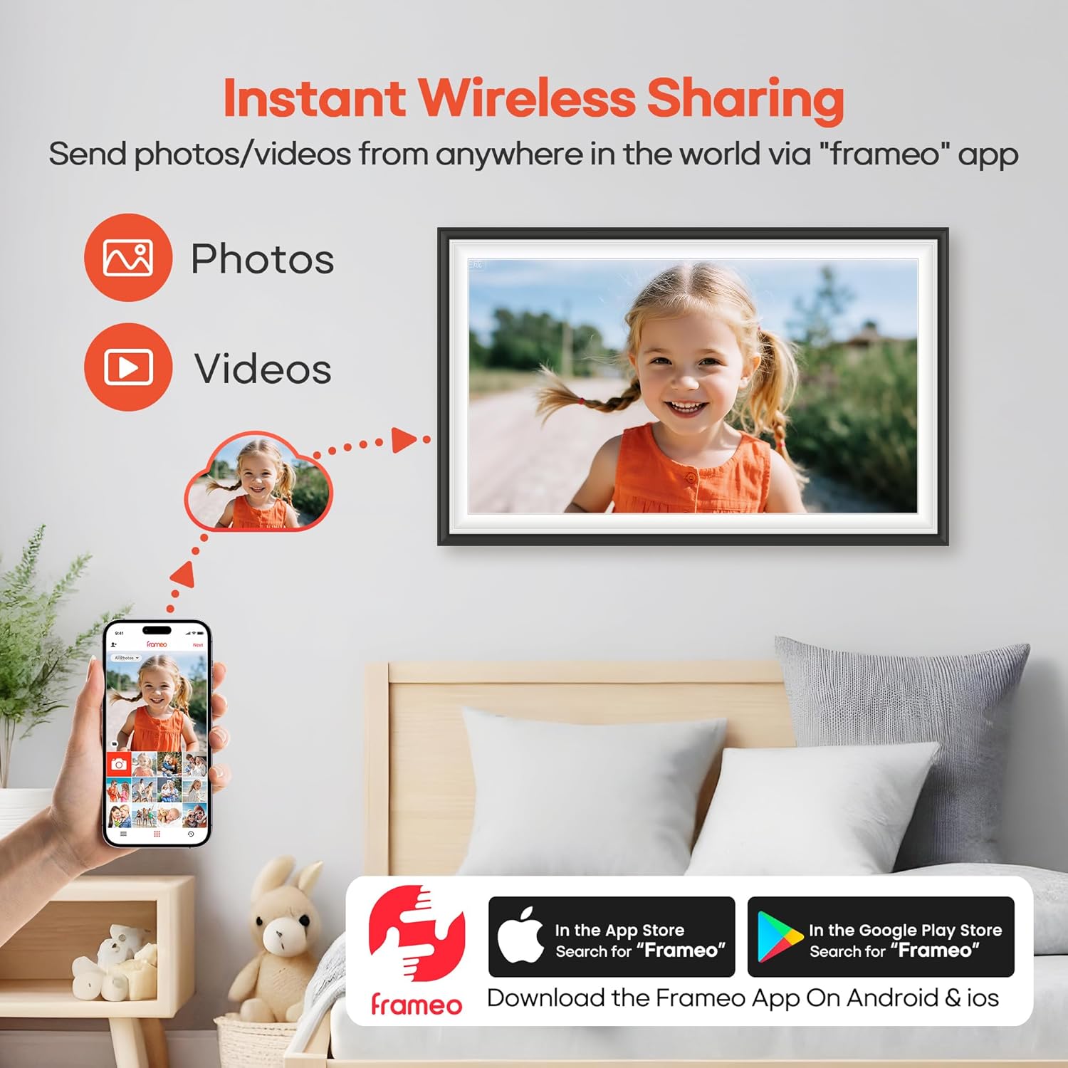 BIGASUO 15.6-inch WiFi digital picture frame displaying a colorful photo slideshow with a sleek black frame.