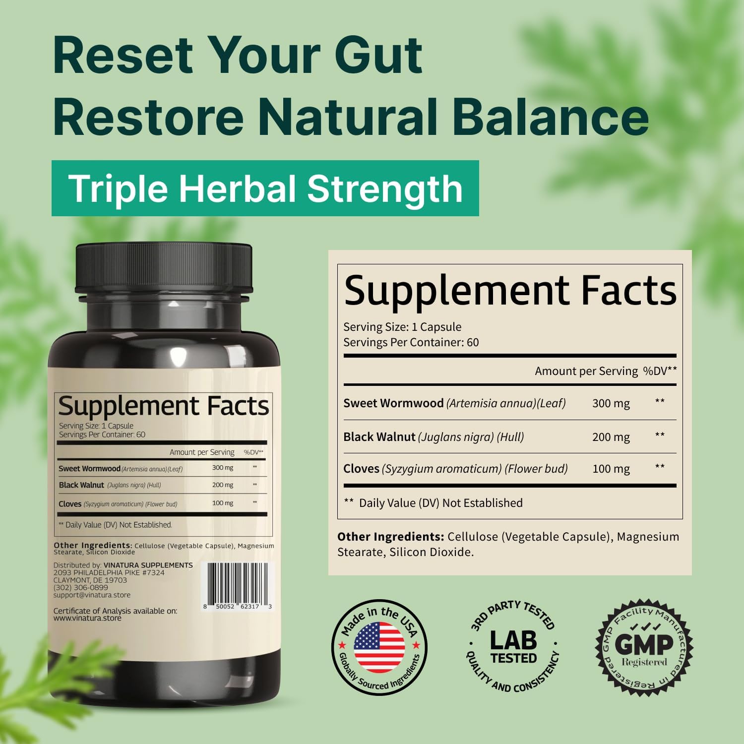 VINATURA Wormwood Black Walnut Clove Capsules - Cleanse, Detox, Intestinal