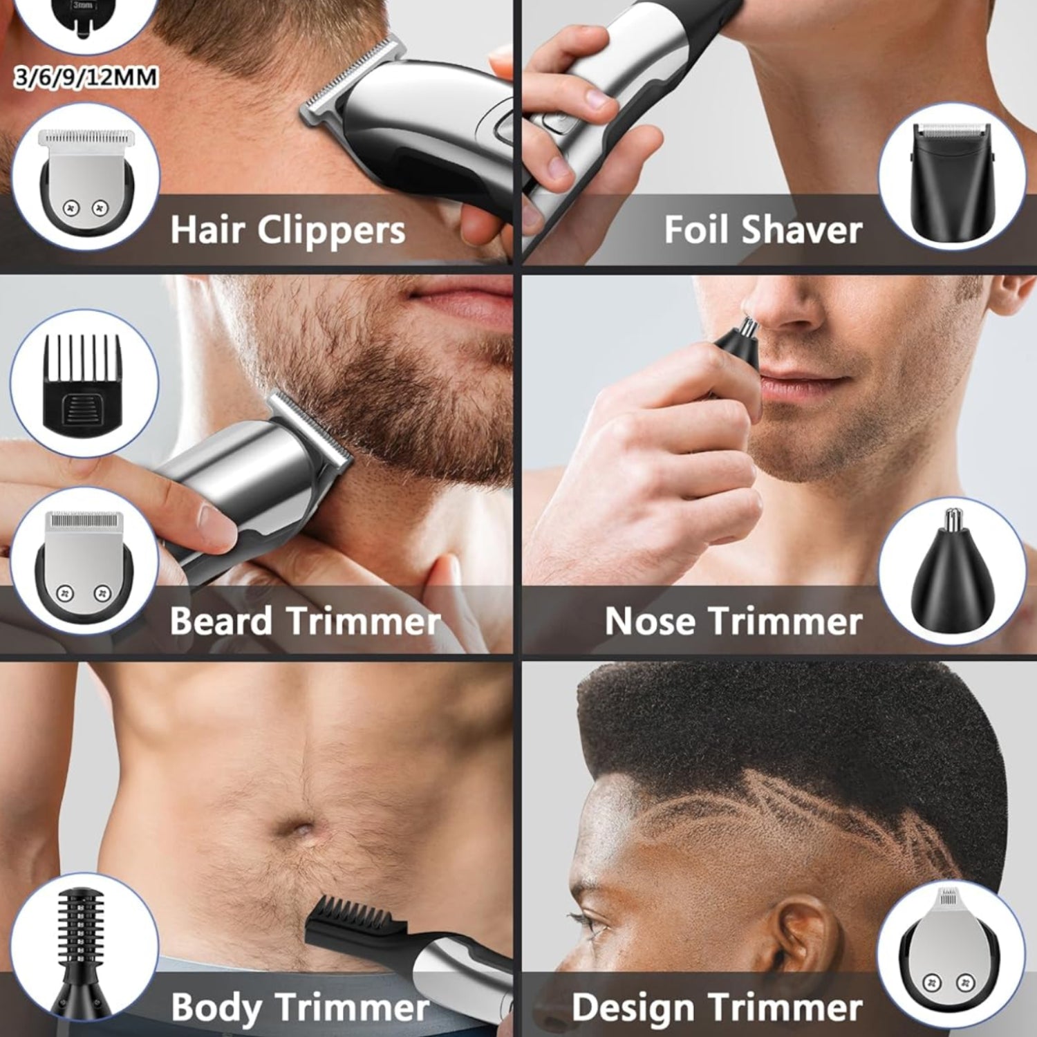 Ufree waterproof beard trimmer for men with electric razor, nose and body grooming attachments on a white background.