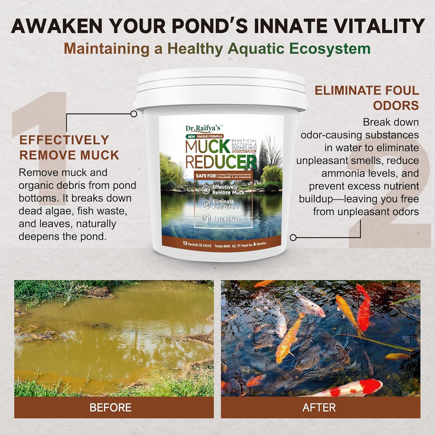 Dr.Raifya’s Muck Reducer Pellets in a 6 LB bag, natural pond sludge solution, showing the pellet packaging and pond environment.