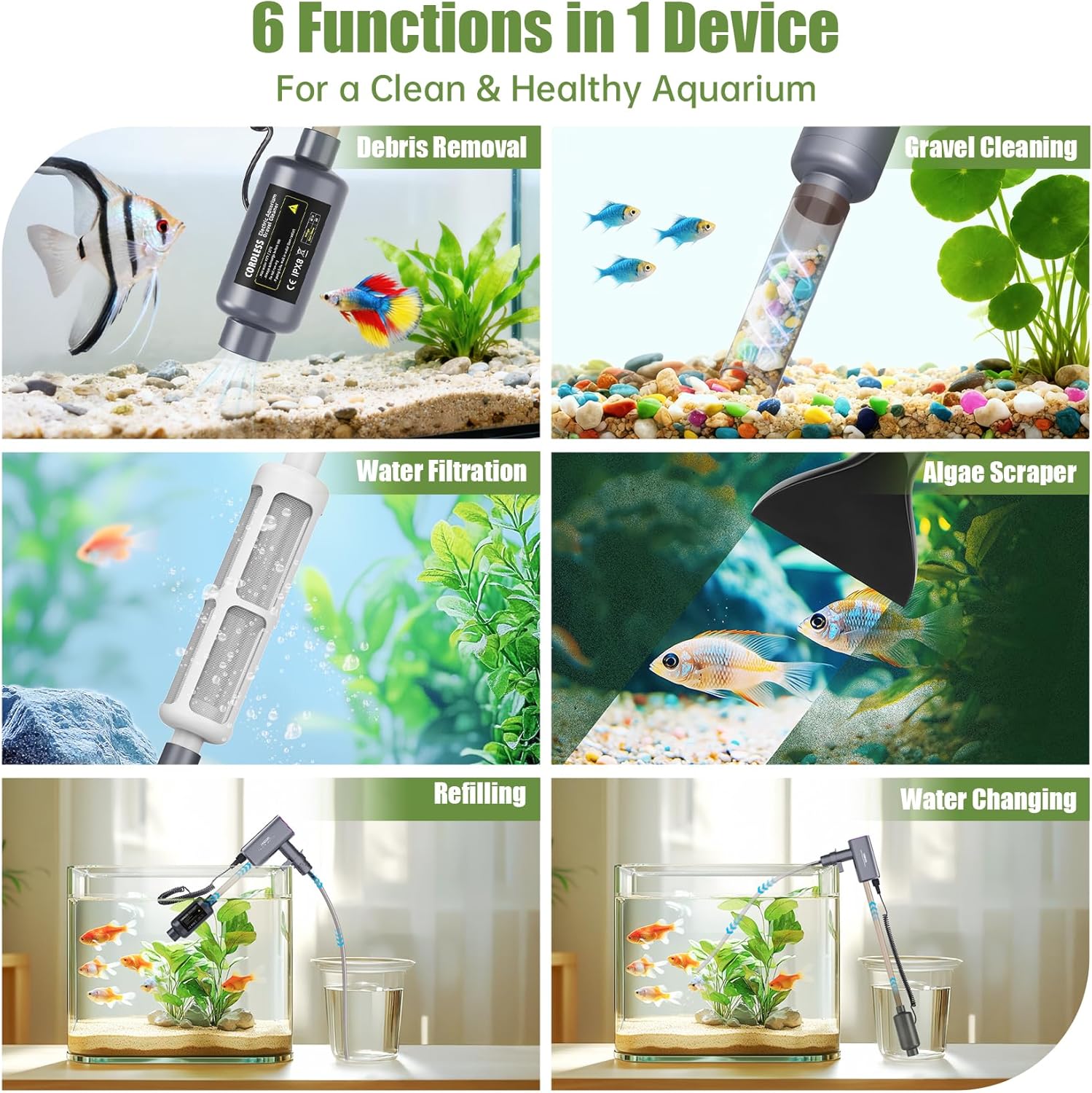 HACPUT 6-in-1 cordless aquarium gravel cleaner vacuum with electric fish tank cleaning tools and attachments for easy maintenance