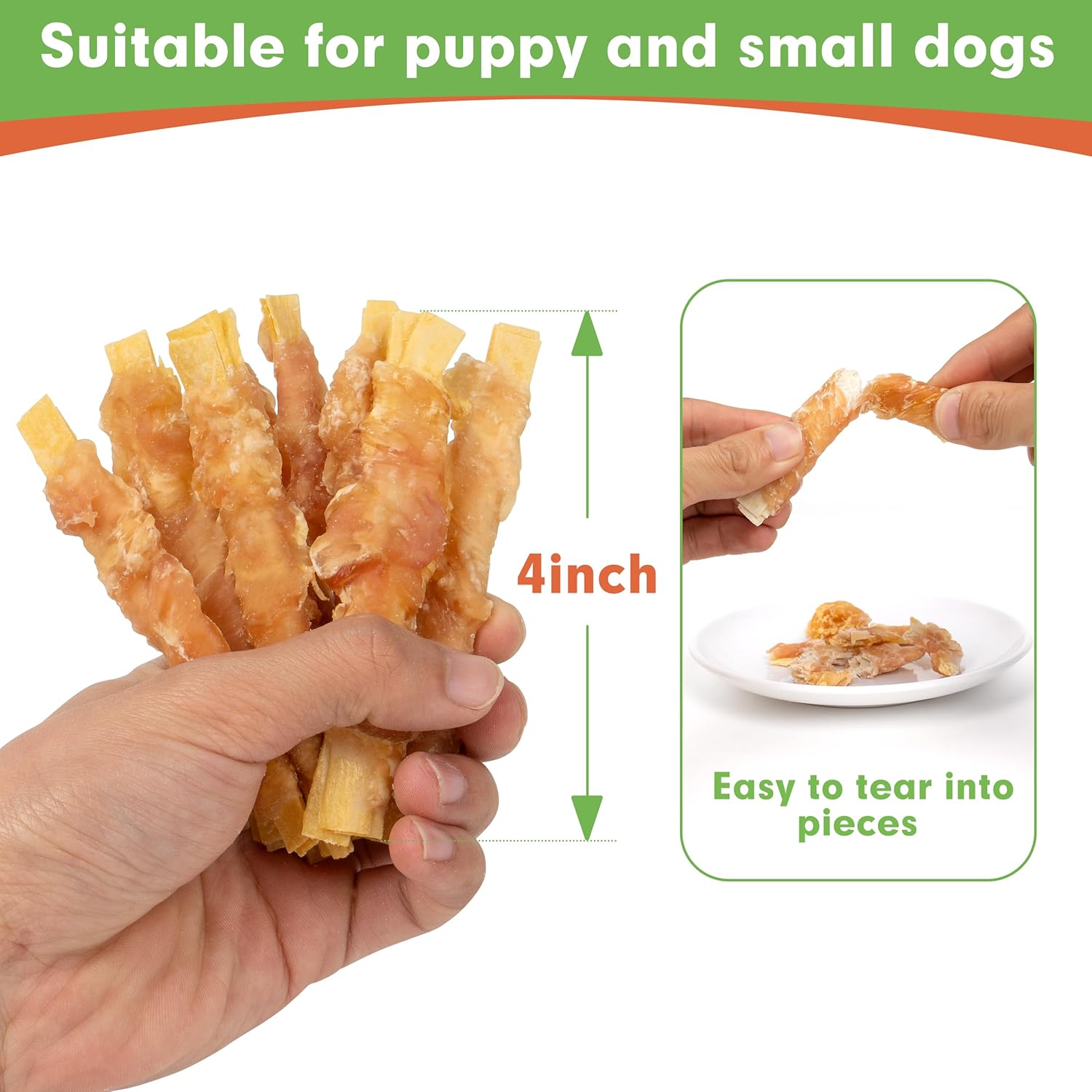 MON2SUN rawhide-free dog treats with 4-inch chicken-wrapped cod fillet snacks, visible in the image.