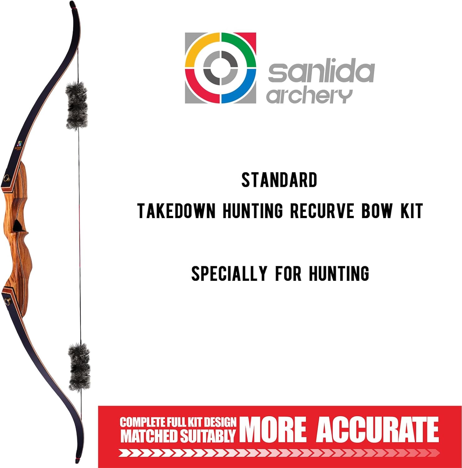 Sanlida Eagle X9 58-inch RTH recurve bow with matching arrows, showcasing the polished wood bow and string setup.