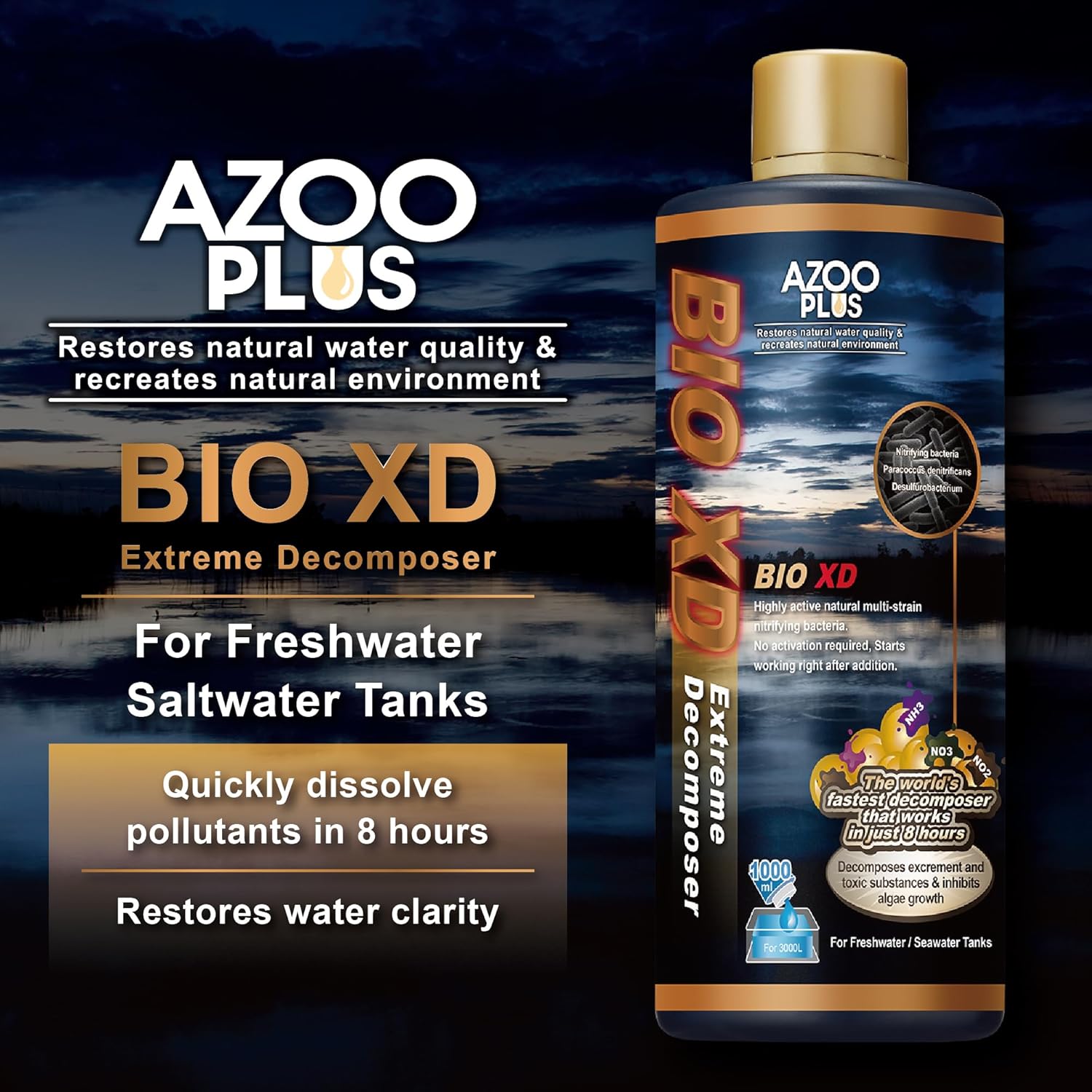 Azoo AZOOPLUS BIO XD Extreme Decomposer Nitrifying Bacteria for freshwater aquariums, shown in clear container.