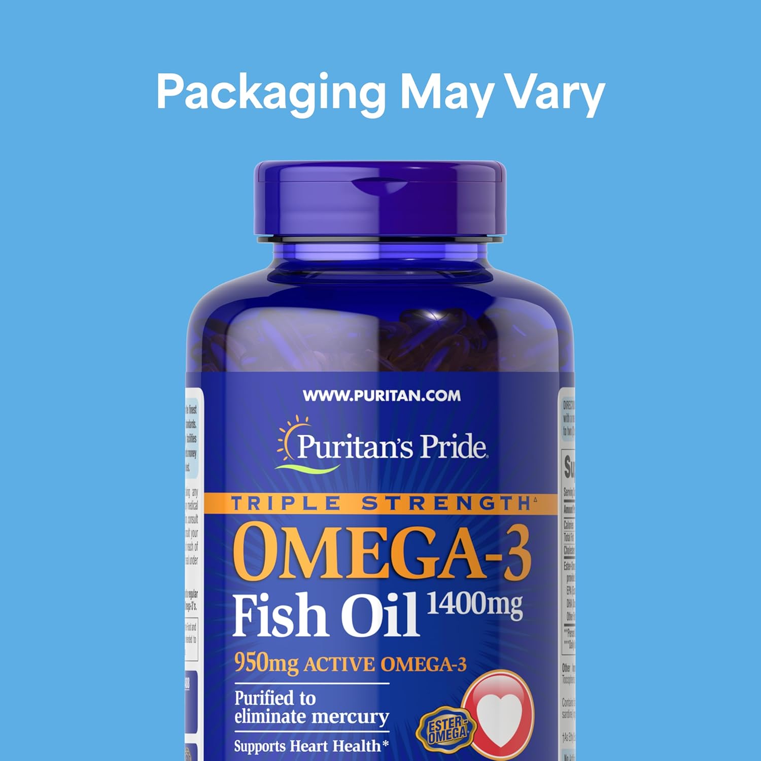 Puritan's Pride Triple Strength Omega-3 Fish Oil bottle showing label with 1400mg and 950mg active omega-3 content.