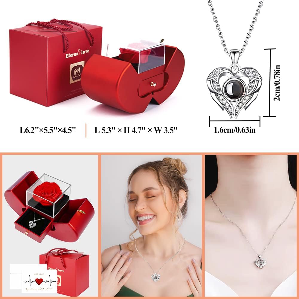 Preserved real red rose with "I Love You" necklace in 100 languages by Moshen, romantic gift for girlfriend.
