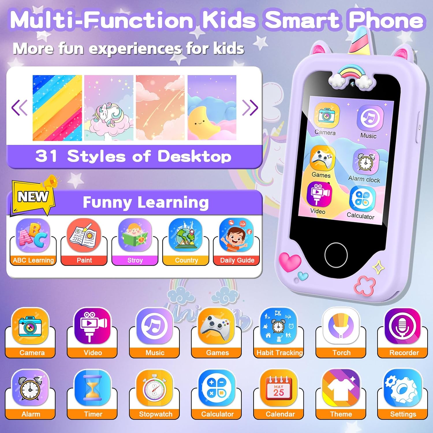 Luoba kids smart phone for girls, colorful toy cell phone with buttons and screen, suitable for ages 3-10, perfect Christmas gift