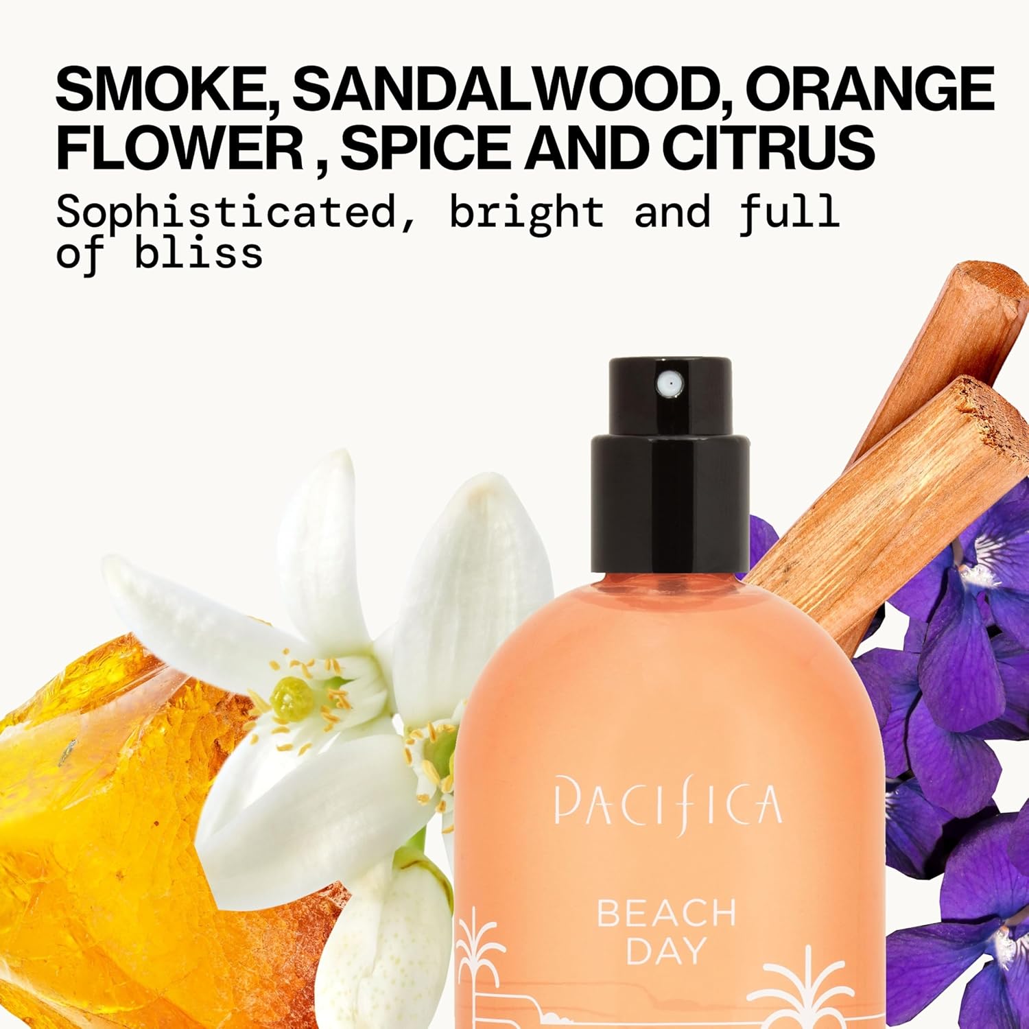 Pacifica Beach Day Spray Perfume with blissful bergamot scent, featuring a sleek bottle and beach-inspired design.