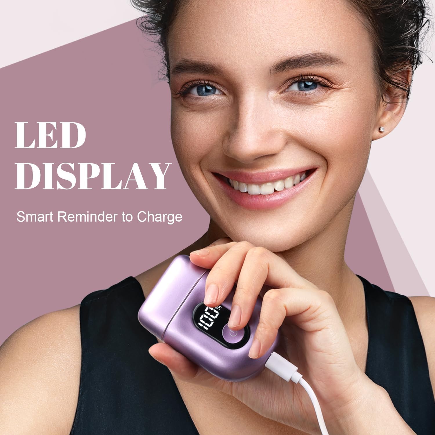 Fangaci cordless electric razor for women with a mini design, large LED display, and precision shaving features.