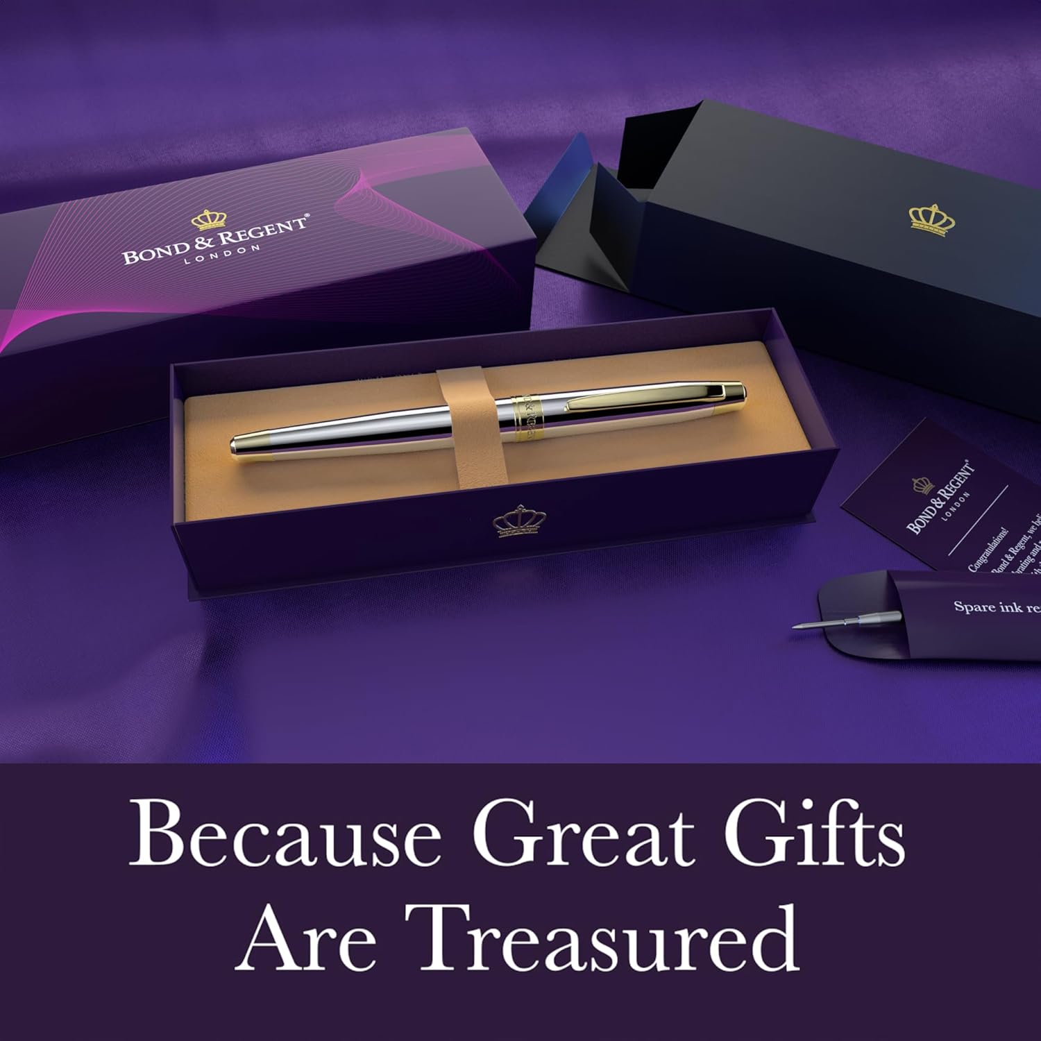 Bond & Regent 24K gold luxury rollerball pen with silver chrome finish, sleek and elegant writing instrument on a white background.