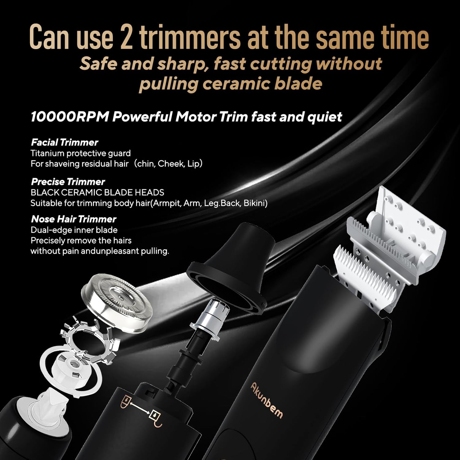 Akunbem men's and women's groin and body hair trimmer with electric shaver head for bikini, pubic, ball, and body grooming.