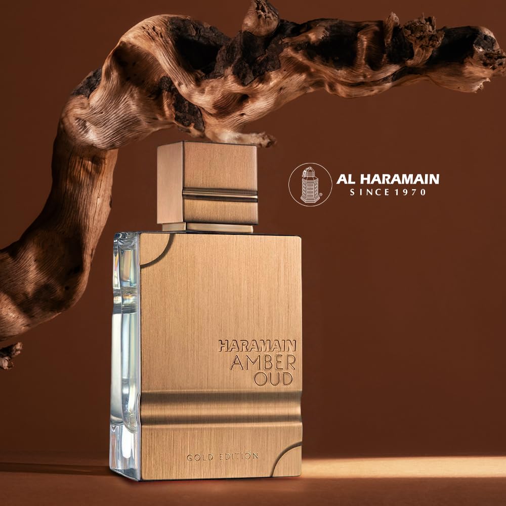 Al Haramain Amber Oud Gold Edition perfume bottle with gold accents, unisex Arabian fragrance for women and men.