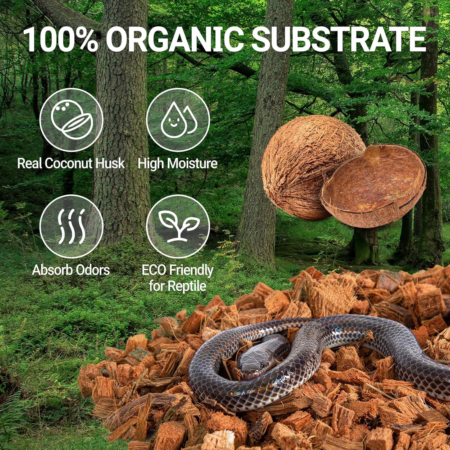 REPTI ZOO 72 Quart reptile coconut chip substrate with coco husk, suitable for reptile habitats and terrariums.
