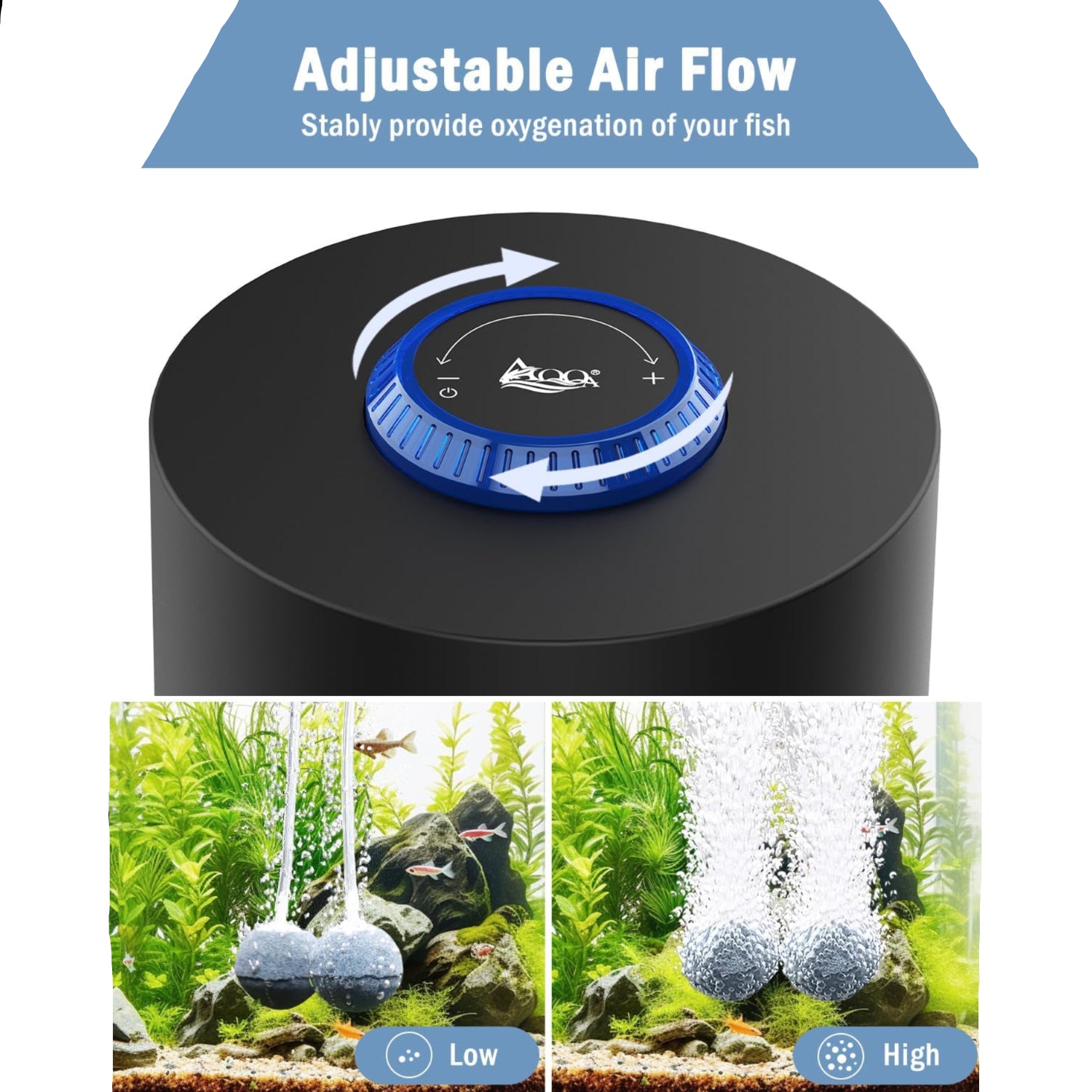 AQQA aquarium air pump in black with power cord, compact fish tank air pump for oxygenation, 3W, 6W, or 10W models.