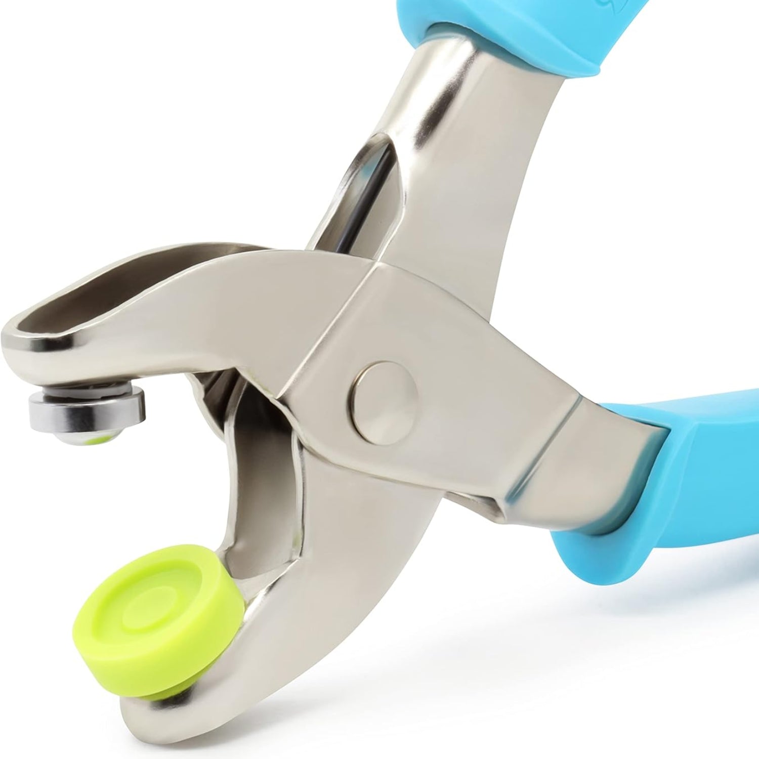 Dritz eyelet pliers in turquoise for 5/32" and 1/4" eyelets, showing the tool with metal eyelets ready for setting.