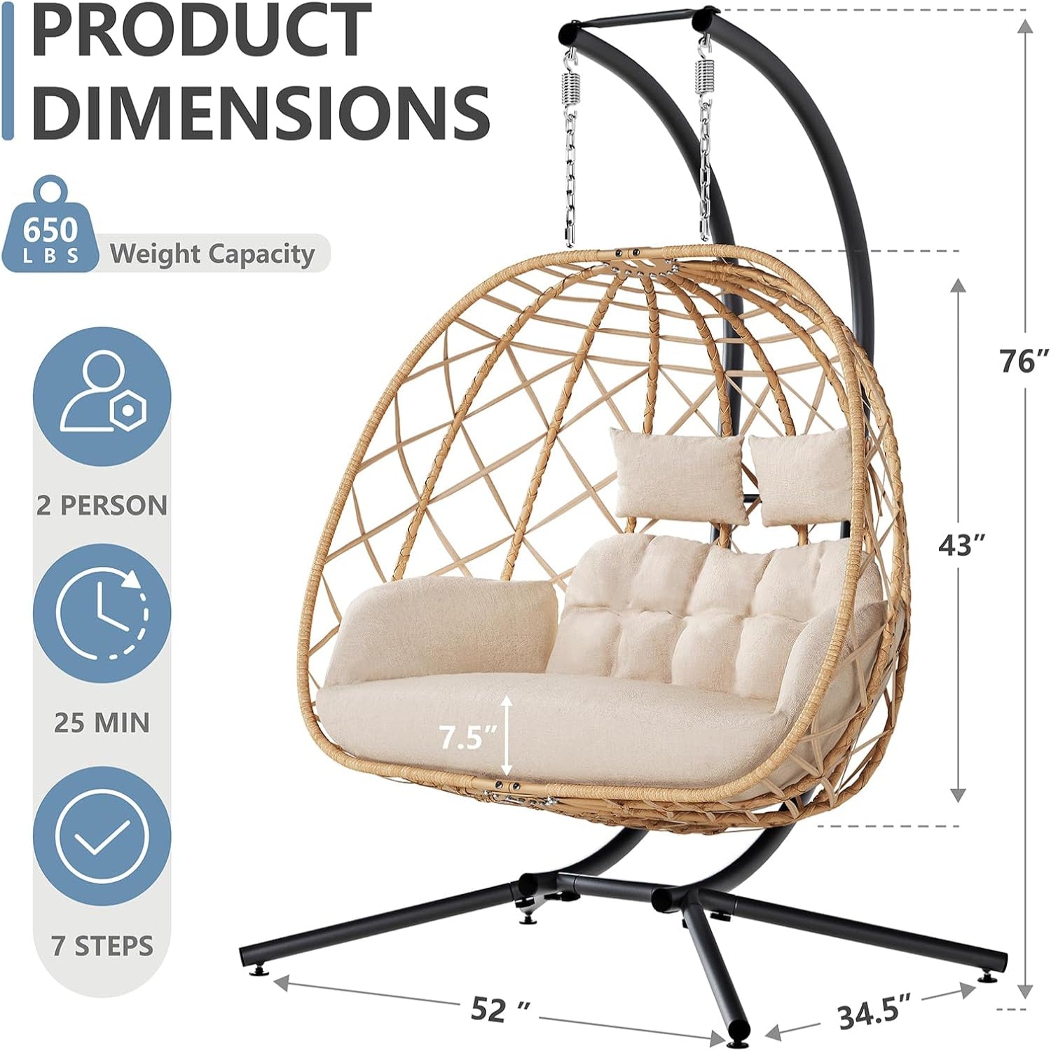 SWITTE double egg swing chair with stand, two-person outdoor and indoor hammock, featuring cozy cushioned seats and sturdy frame.