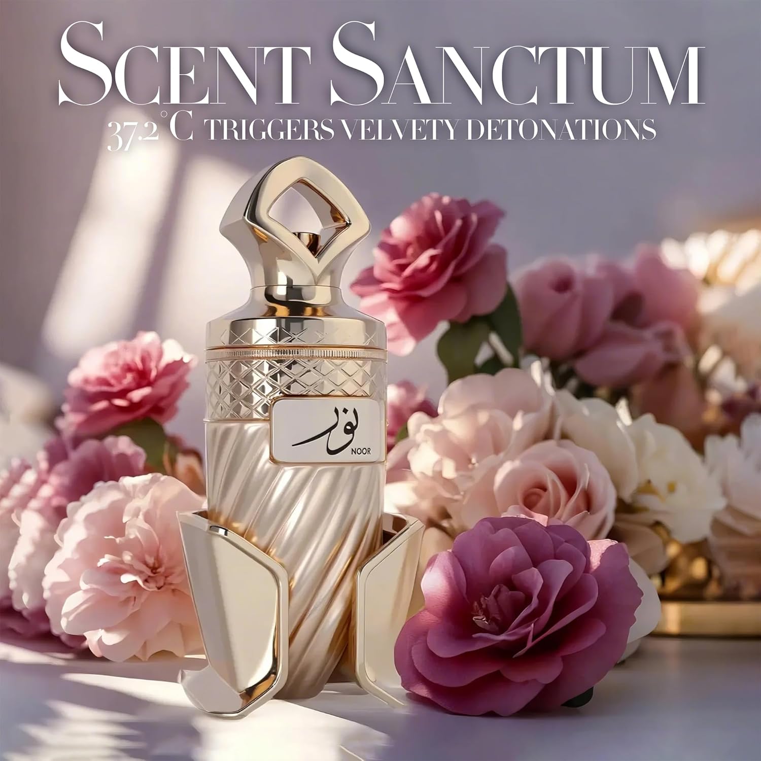 Noor by RIIFFS women's gourmand perfume bottle with caramel and vanilla scent, 3.4 fl oz, showcasing elegant packaging and fragrance details.