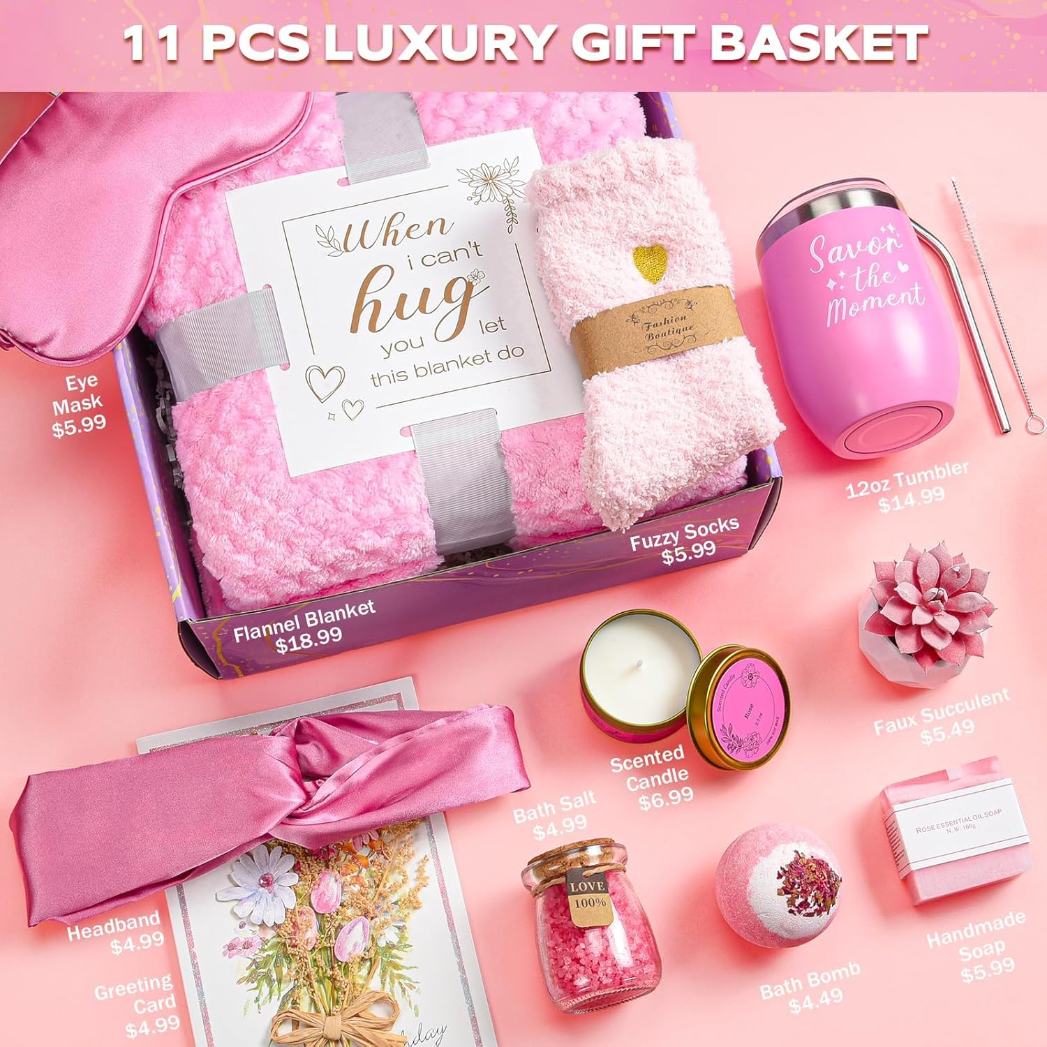 Zerivne self-care gifts set for women including soothing rose products and wellness items in an 11-piece get well soon gift basket.