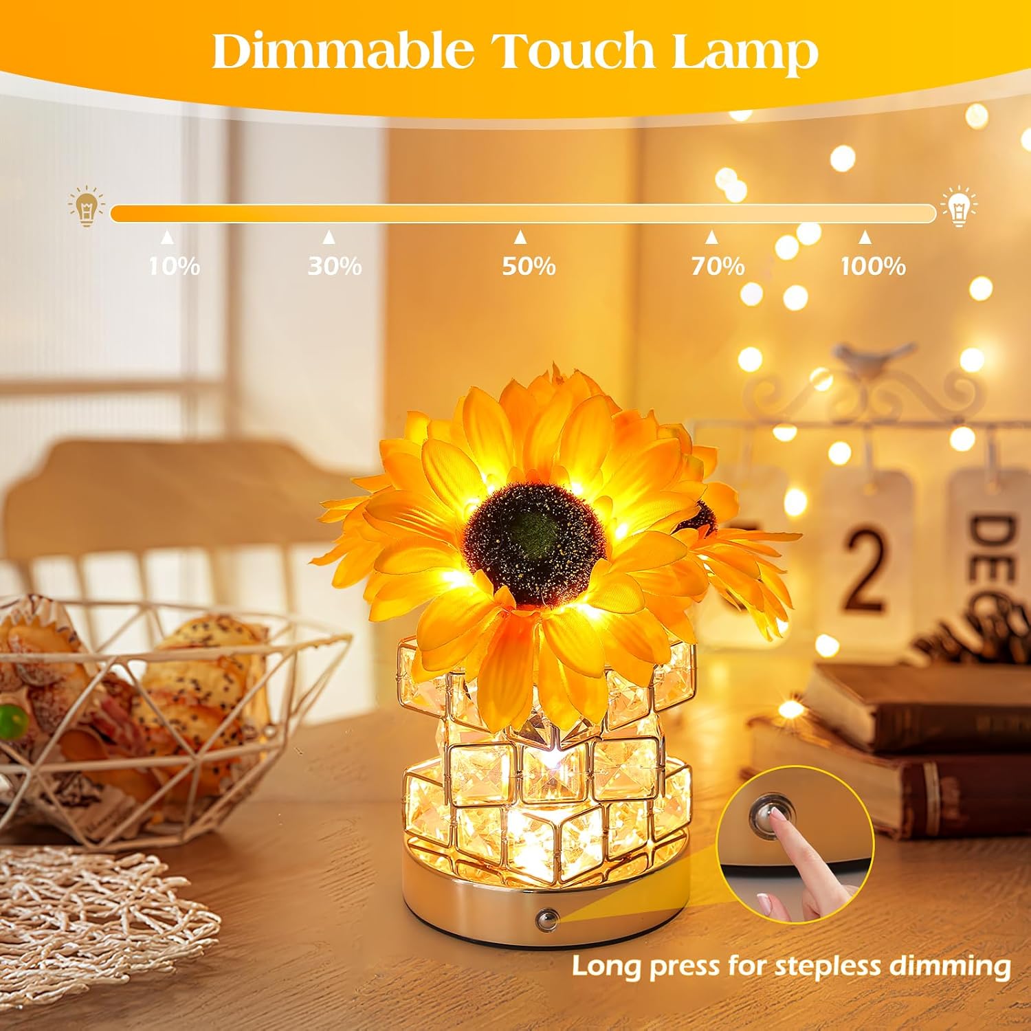 Dimmable touch lamp with sunflower design on a table, surrounded by decorative items.