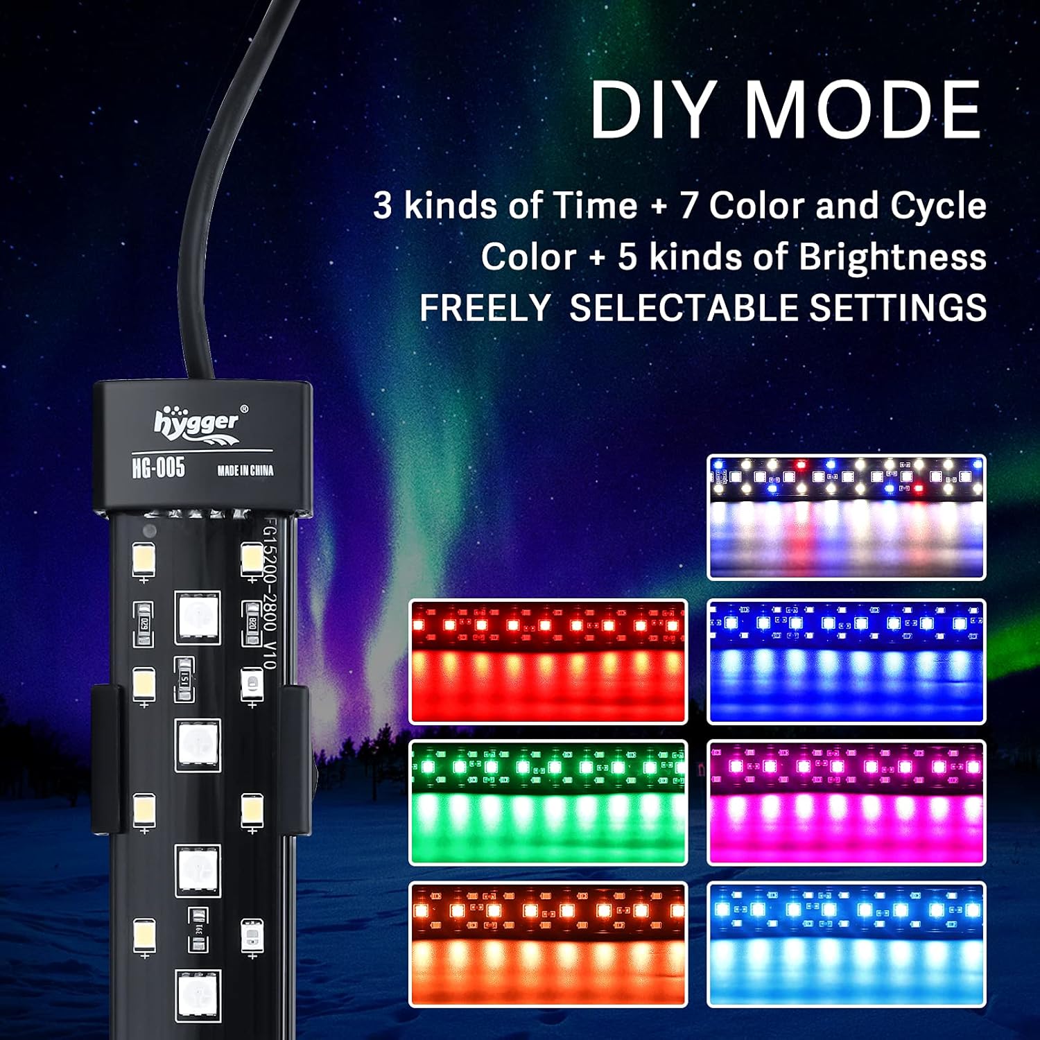 hygger 24/7 Mode Submersible Aquarium LED Light with full spectrum, showing the sleek, waterproof design and adjustable mounting.