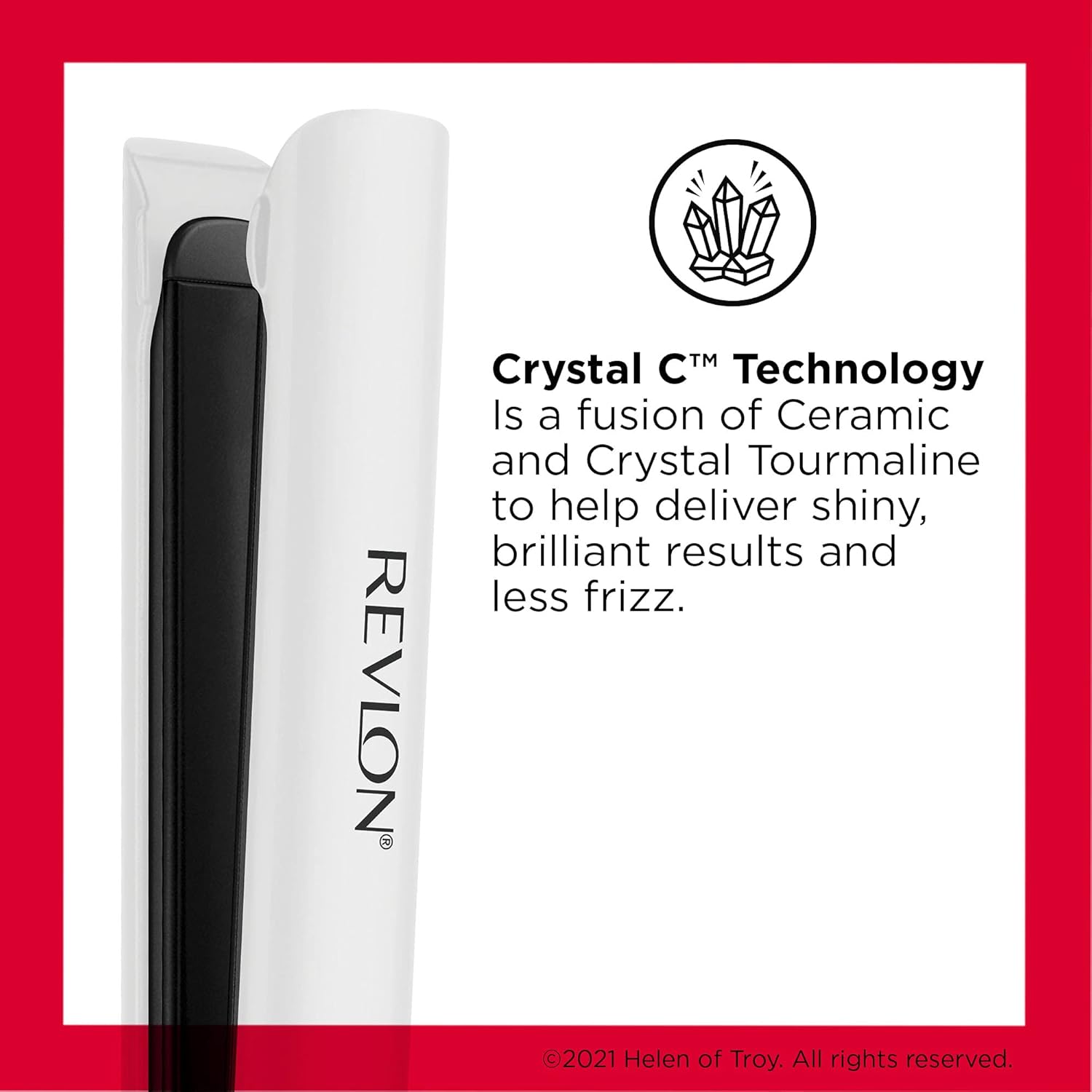 REVLON Crystal C + Ceramic Digital Hair Flat Iron with long-lasting heat, shown with sleek black plates and digital controls.