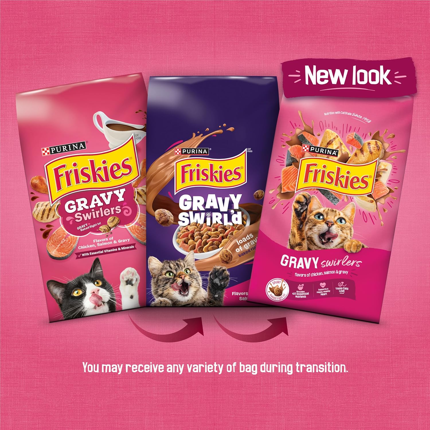 Canned cat food Purina Friskies Gravy Swirlers with chicken, salmon, and gravy flavors in a colorful dish.
