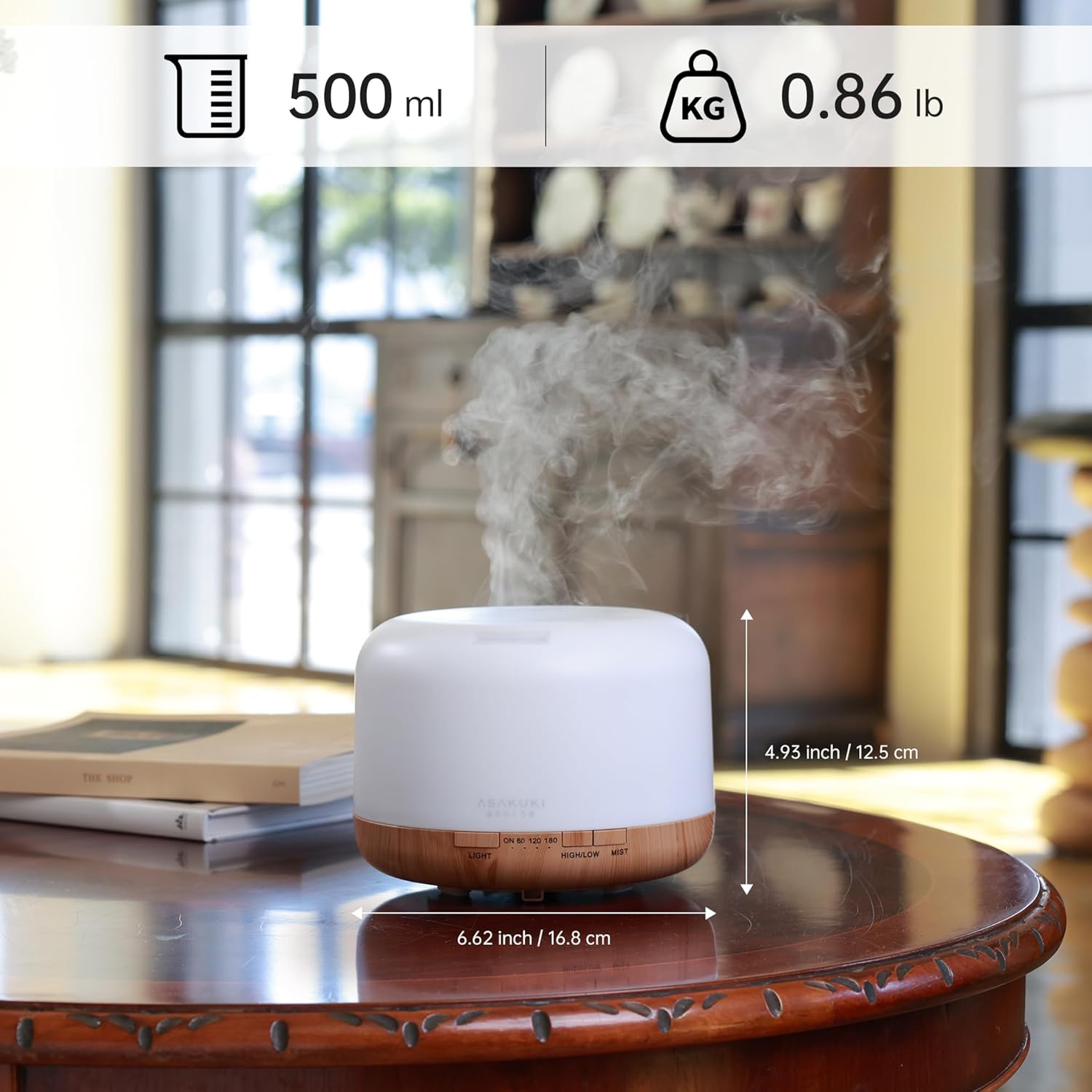 ASAKUKI 500ML essential oil diffuser for home aromatherapy with mist and light features, designed for relaxing room ambiance.