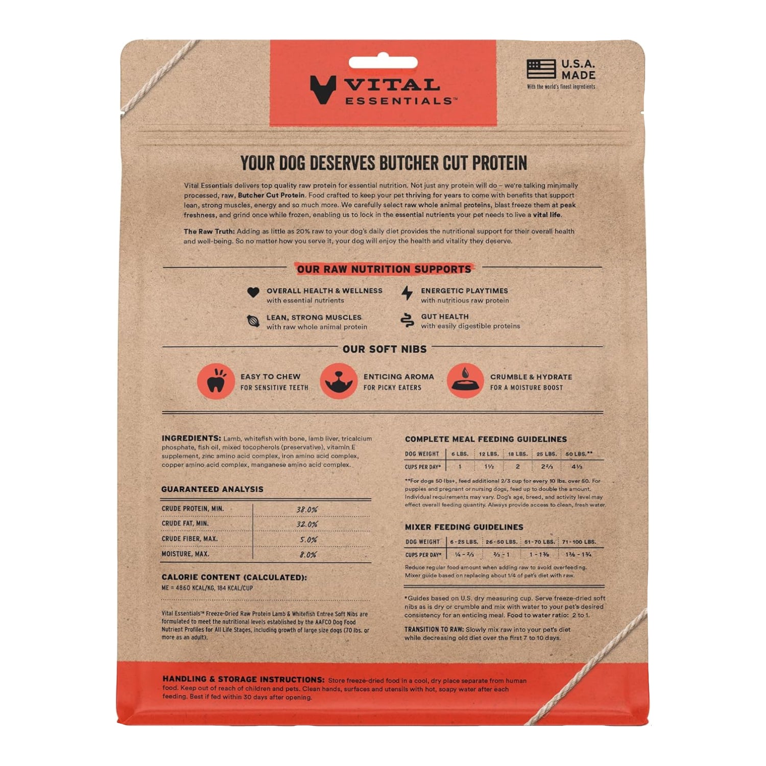 Vital Essentials dog food packaging with text and branding