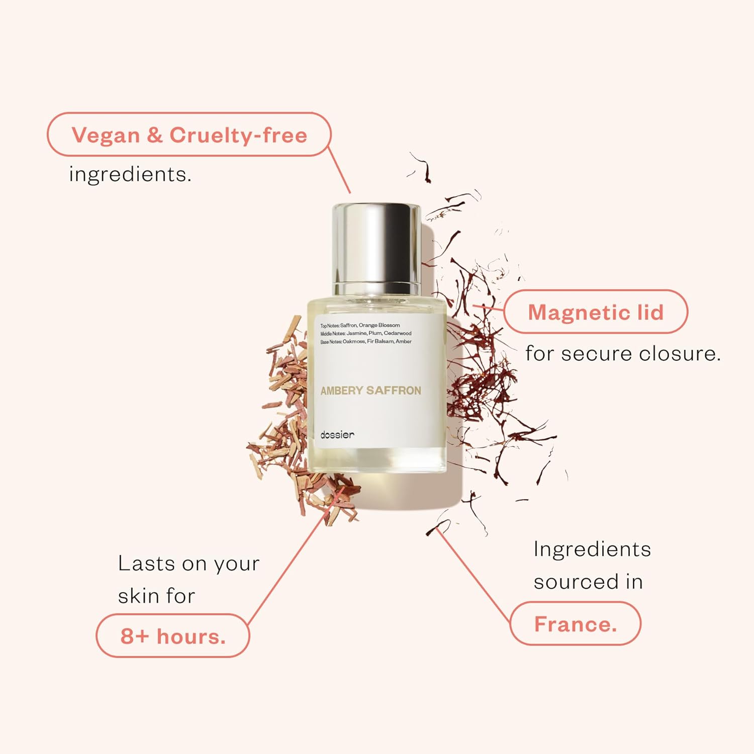 Dossier Ambery Saffron Eau de Parfum bottle with amber and saffron notes, vegan fragrance inspired by MFK Baccarat Rouge 540.