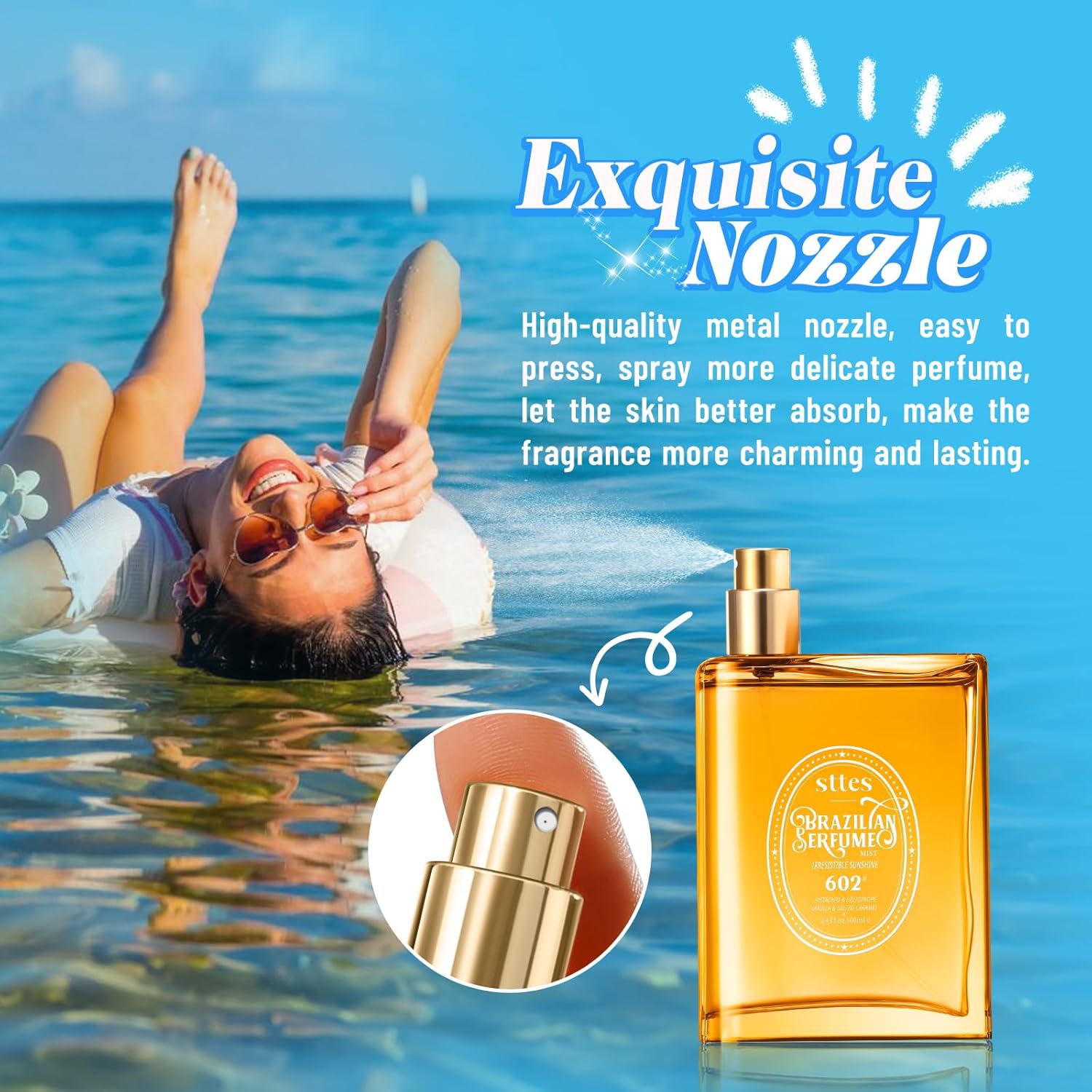 Sttes Perfume 602# Irresistible Sunshine for Women with notes of pistachio, vanilla, and salted caramel in a sleek bottle.