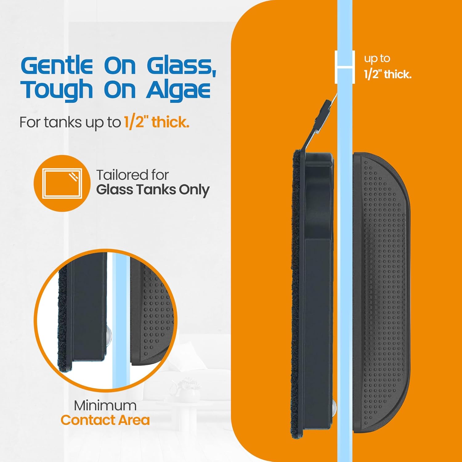 FLIPPER Float Standard Magnetic Aquarium Cleaner 2-in-1 Flip Scrubber showing the magnetic scrubber attached to glass aquarium wall.