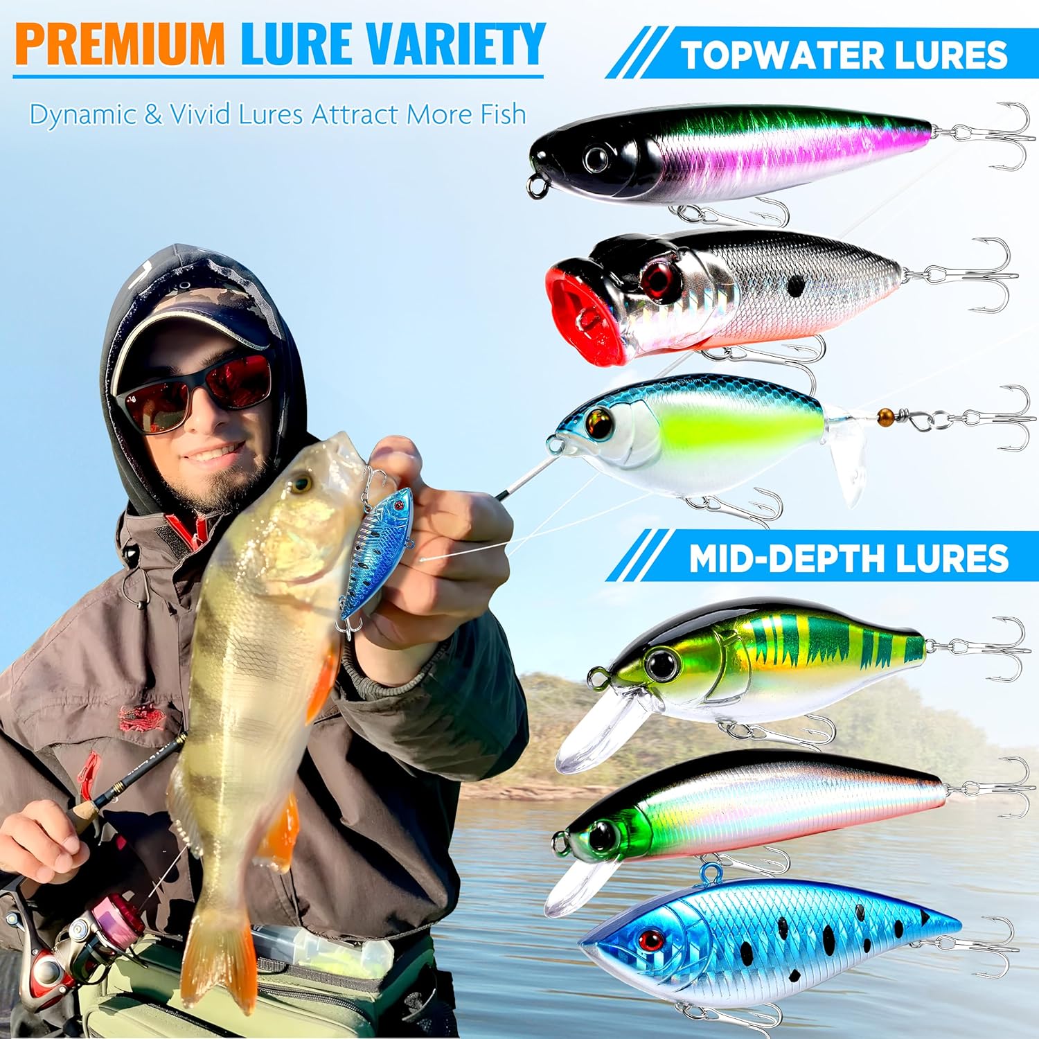 PLUSINNO fishing tackle box with various fishing lures, including bass and trout bait, organized for freshwater fishing.
