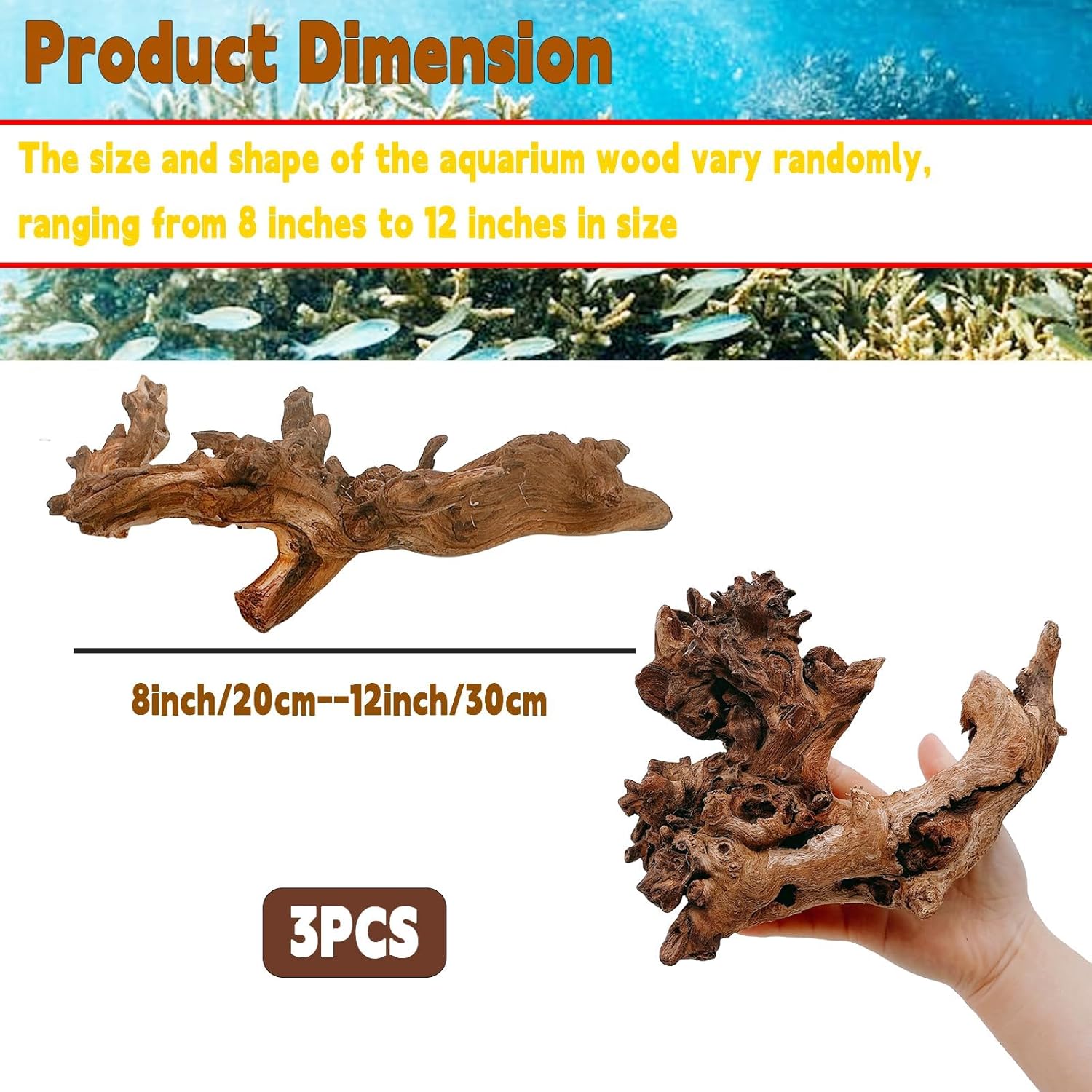 Hamiledyi aquarium driftwood set with three natural trunk branches, 8-12 inches, ideal for freshwater fish tanks and aquascaping.
