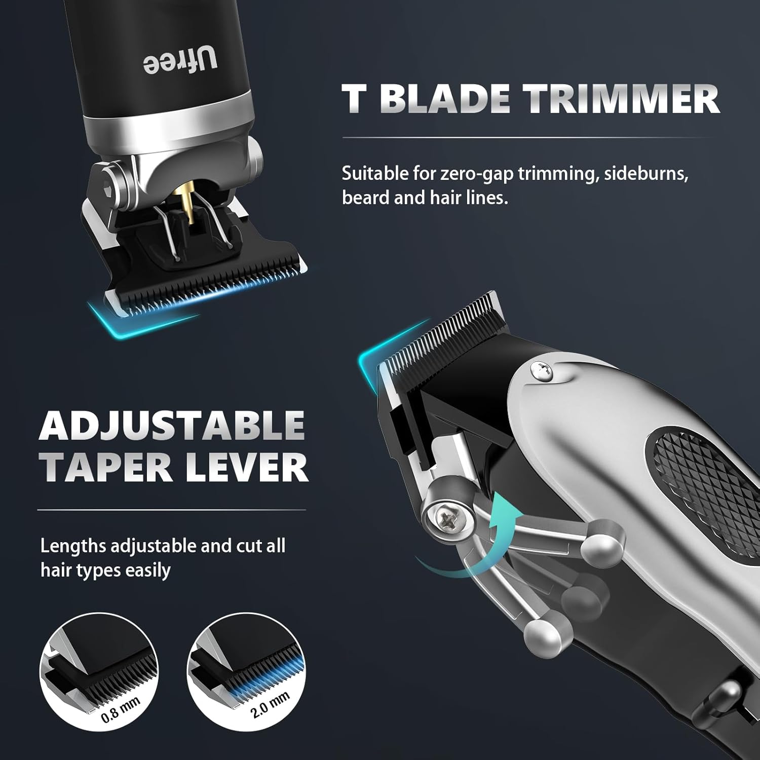 Ufree professional hair clippers and trimmers set for men with adjustable blades and multiple attachments on a white background.