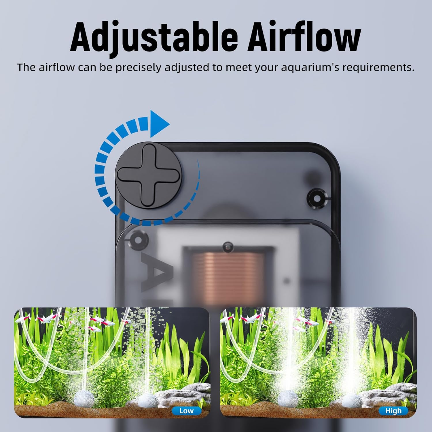 AQUASMITH ultra-silent small aquarium air pump with compact design and high output for fish aeration and oxygenation.