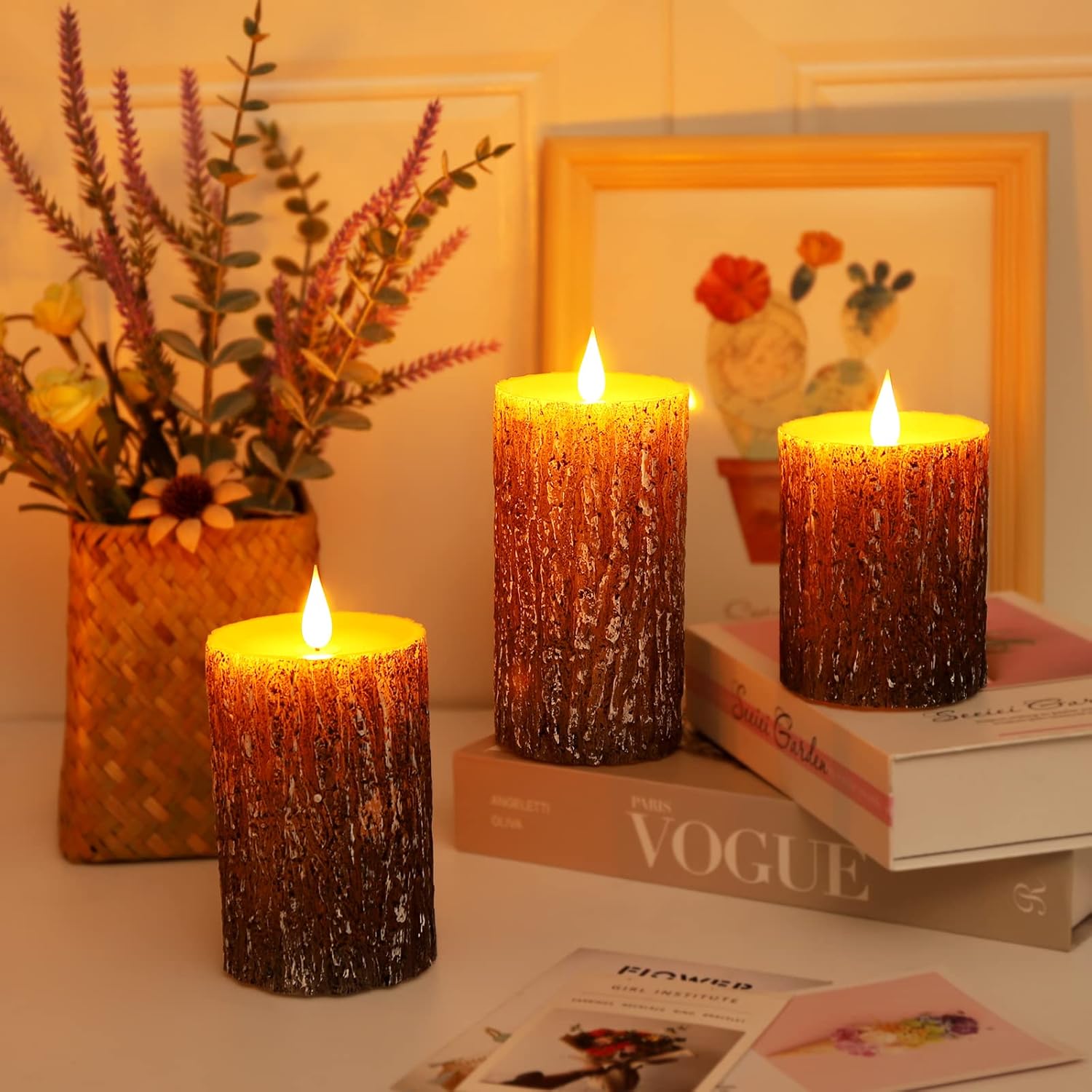 Enpornk flameless pillar candle with pine effect, real wax look, flickering LED 3D wick, battery operated electric candle.