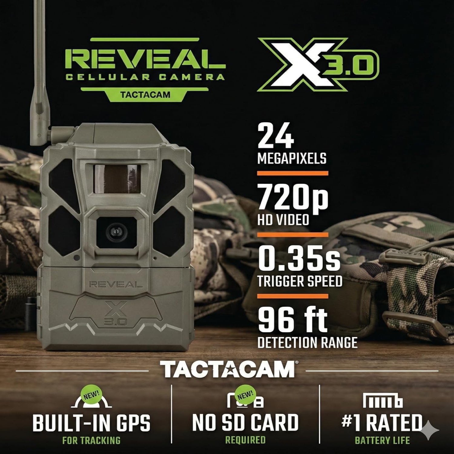 Tactacam REVEAL X Gen 3.0 cellular trail camera capturing HD photos and videos, multi-carrier compatible, outdoor wildlife monitoring