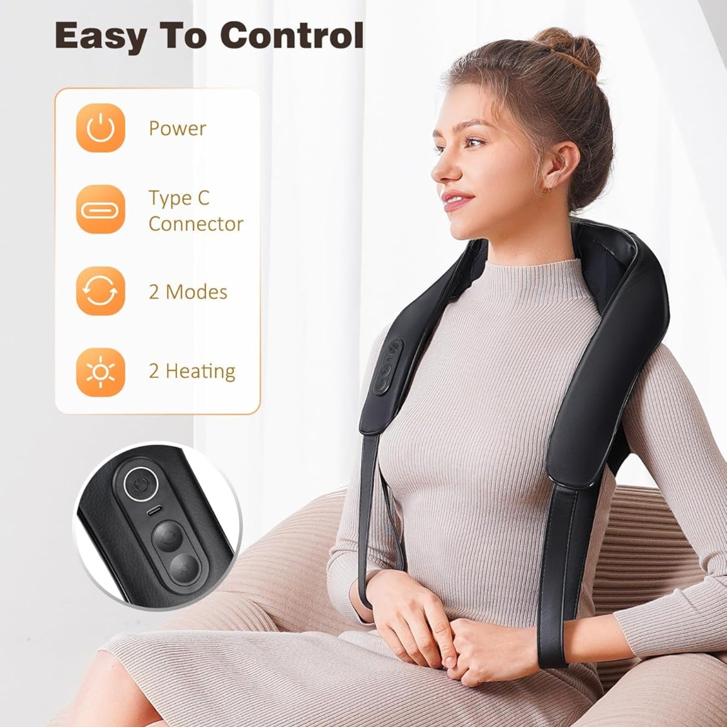 KNQZE cordless neck and shoulder massager with heat, showing the ergonomic design and control buttons on the device.
