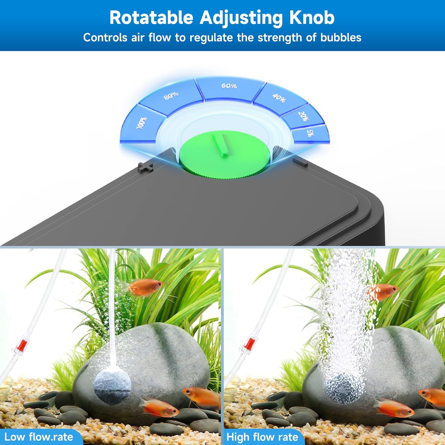 SYSENCIAGA aquarium air pump with dual outlets, ultra-silent powerful aerator for fish tanks and aquatic oxygenation.